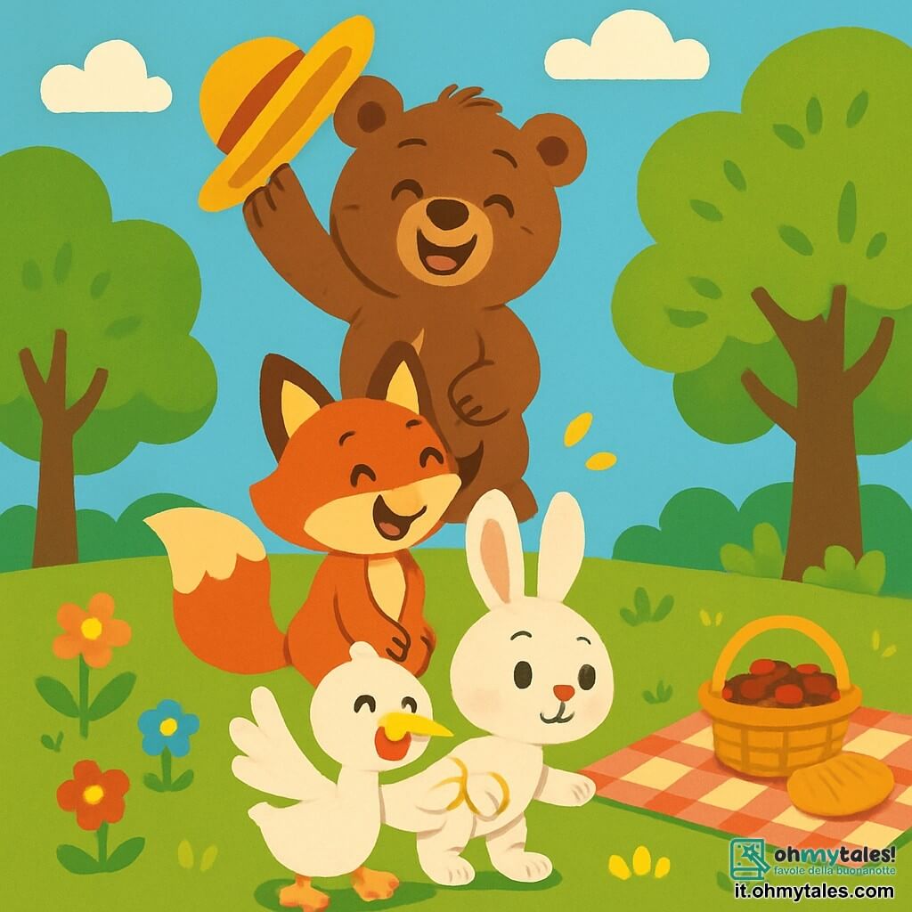 Un piccolo orso bruno di nome Bruno, con un pelo morbido e occhi scintillanti di gioia, è in cima a una torre formata dai suoi amici. Sorride ampiamente, tenendo il suo cappello tra le zampe, con un'espressione di orgoglio e divertimento. Accanto a lui, una volpe rossa di nome Lilla, con una coda folta e orecchie appuntite, ride in basso, gli occhi brillanti di eccitazione. Un coniglietto bianco di nome Tito, con grandi orecchie e un'aria determinata, è proprio sotto, pronto a saltare per aiutare. Infine, una papera bianca di nome Pina, con piume brillanti e uno sguardo malizioso, si trova accanto a Tito, alzando le ali con entusiasmo. Il luogo è un prato soleggiato, circondato da alberi verdi e fiori colorati che danzano nel vento. Al centro, una tovaglia da picnic è stesa, piena di delizie come fragole rosse e pane dorato. La scena principale mostra Bruno che, tutto sorridente, ha appena recuperato il suo cappello portato via dal vento, mentre i suoi amici lo applaudono e ridono insieme, creando un'atmosfera gioiosa e amichevole.