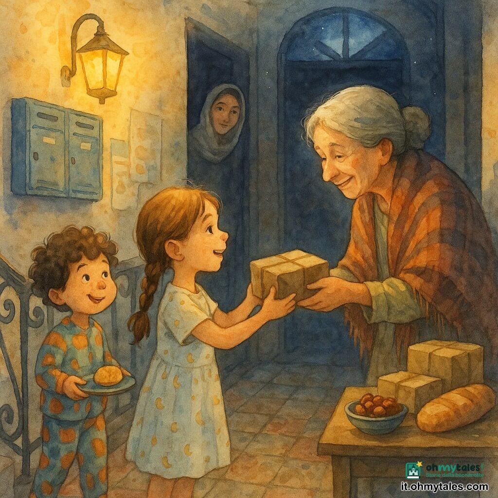 Amina, bambina di 8 anni, sorridente e commossa, capelli castano chiaro in treccia, in veste leggera a motivi di piccole lune, porge un piccolo pacco in carta kraft alla porta di un appartamento; Sami, fratellino di 5 anni, vispo con capelli ricci e pigiama colorato, tiene un biscotto su un vassoio e osserva dalla soglia accanto a lei; la vicina, signora Lina, circa 60 anni, volto dolce con rughe di sorriso e scialle a quadri, apre la porta ricevendo il pacco con gratitudine; la madre, intorno ai 35 anni, con foulard leggero, sorride osservando dall'ombra del corridoio; l'ingresso è di un palazzo in pietra chiara, pianerottolo stretto con ringhiera in ferro battuto, lampada da parete gialla che diffonde calda luce, cassette postali e manifesti sulle pareti, pavimento di piastrelle consumate; scena principale: gesto semplice e affettuoso al crepuscolo con pacchi su un tavolino contenenti datteri e pane, luce argentea della luna che filtra da una finestra alta, atmosfera dolce e calorosa.