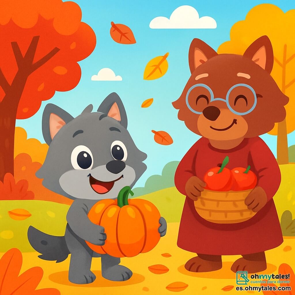 Un pequeño lobo llamado Lucas, con un pelaje suave y gris, está de pie en medio de un campo de hojas de otoño, con sus ojos brillantes de curiosidad y una gran sonrisa en su rostro. Sostiene una gran calabaza naranja con sus patas delanteras, listo para llevarla a casa de su abuela. A su lado, la abuela Loba, una figura cálida con pelaje marrón y gafas redondas, sonríe con ternura mientras sostiene una cesta llena de manzanas rojas brillantes. Ella se mantiene un poco atrás, observando a Lucas con orgullo. El escenario es un hermoso paisaje de otoño: árboles con hojas brillantes de rojo, oro y naranja rodean el campo, mientras que el cielo es de un azul claro, salpicado de nubes blancas y esponjosas. Las hojas caen suavemente a su alrededor, creando una atmósfera alegre y festiva. La escena principal muestra a Lucas y su abuela cosechando frutas de otoño, rodeados de colores vivos y la belleza de la naturaleza, ilustrando el espíritu de la temporada de cosecha y la felicidad de compartir momentos juntos.