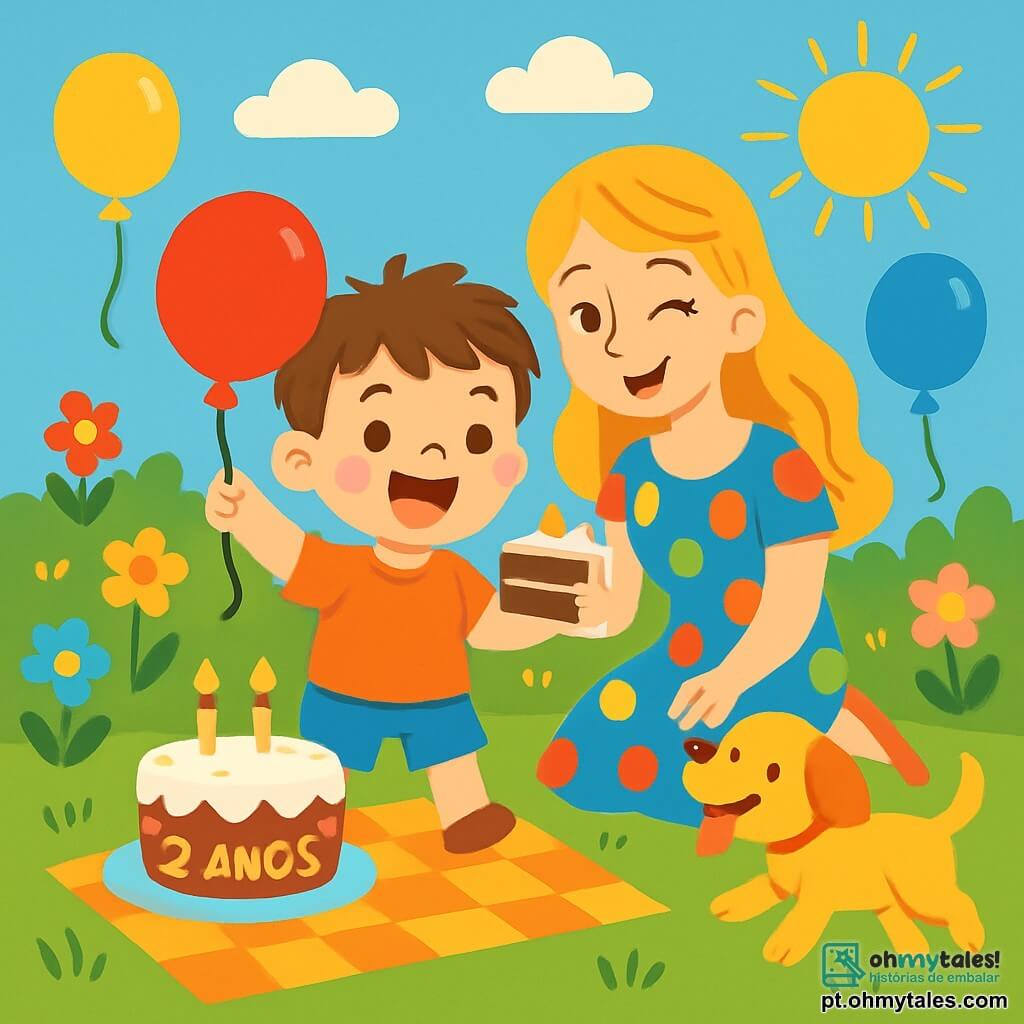 Um menino de 2 anos, Tomás, com cabelos castanhos bagunçados e um grande sorriso, está no centro da imagem, segurando um balão vermelho em uma mão e um pedaço de bolo na outra, com os olhos brilhando de excitação. Ao lado dele, sua mãe, uma mulher de cerca de trinta anos, com cabelos longos e loiros, usa um vestido colorido e pisca para ele, cercada por flores vibrantes no jardim. Um pequeno cachorro, Pipo, um adorável filhote de pelos dourados, corre ao redor, com a língua de fora, pronto para brincar. O jardim está cheio de flores coloridas, balões flutuantes e uma grande toalha quadriculada com um bolo de aniversário decorado com velas. A cena mostra Tomás soprando as velas do seu bolo, cercado de risos e alegria, com raios de sol iluminando tudo, criando uma atmosfera festiva e mágica.