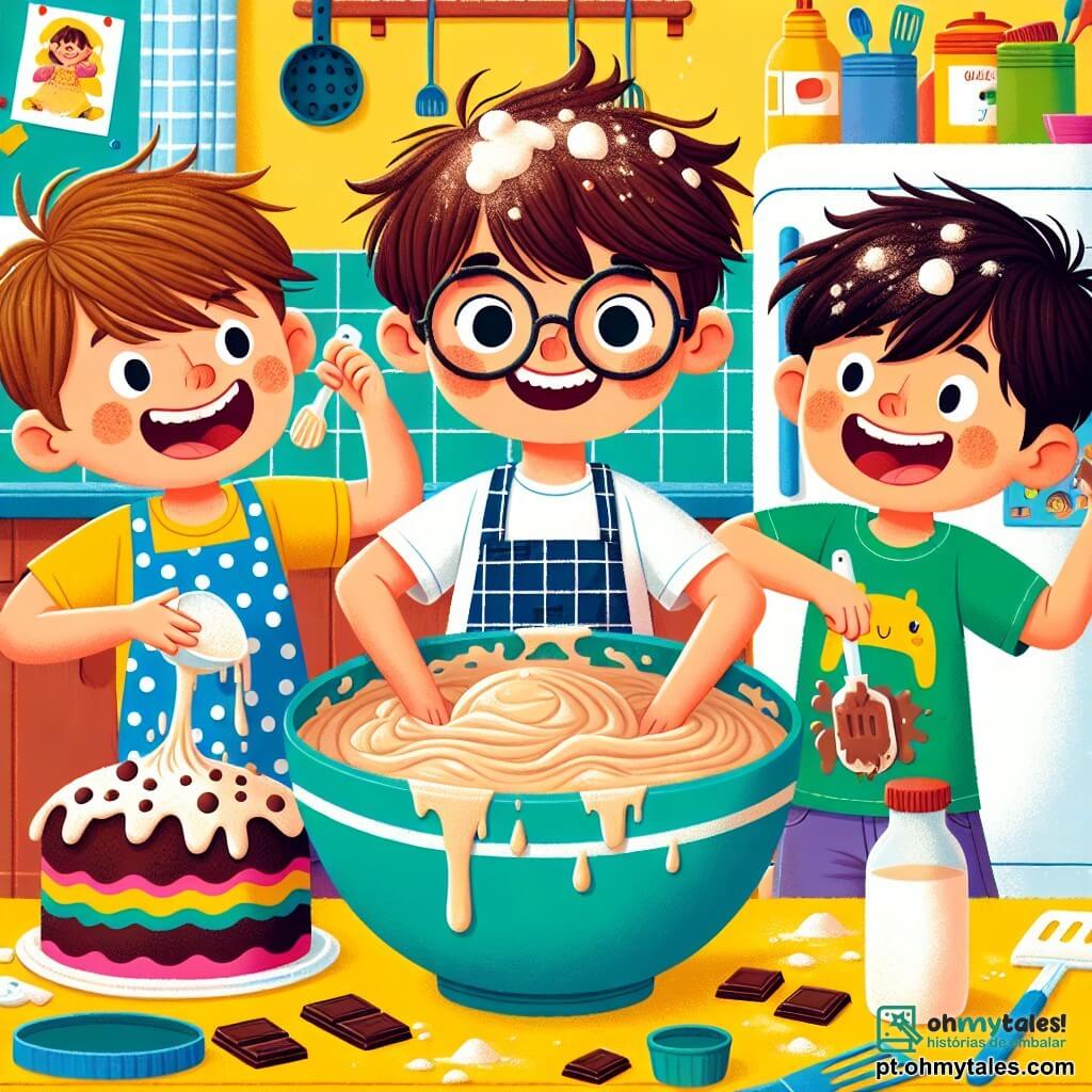 Em uma cozinha iluminada e colorida, três meninos estão preparando um bolo. João, um menino de 8 anos com cabelo castanho bagunçado e óculos redondos, está no centro segurando uma grande tigela de massa de bolo, sorrindo e com respingos de farinha na camiseta amarela. Pedro, um menino de 7 anos com cabelo loiro e olhos brilhantes, está à esquerda, despejando chocolate na tigela, com gotas de chocolate no rosto e um avental azul com bolinhas. Lucas, um menino de 6 anos com cabelo preto e bochechas redondas, está à direita, segurando uma espátula e rindo, com farinha nas mãos e uma camiseta verde com um dinossauro desenhado. A cozinha é cheia de cores vibrantes: paredes amarelas, utensílios vermelhos e azuis, e uma grande janela que deixa entrar a luz do sol. Na mesa, há ingredientes espalhados: um saco de farinha, ovos e uma grande tigela de chocolate. Os três amigos estão preparando um bolo gigante para o Dia dos Pais, rindo e se divertindo, criando uma atmosfera alegre e festiva.