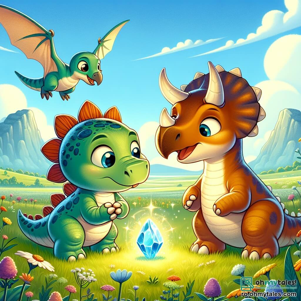 Un stegosaur mignon numit Dino, cu plăci verzi și albastre pe spate, își exprimă o mare curiozitate și uimire ținând o piatră magică care strălucește cu o lumină blândă în labele sale mici. Lângă el, un triceratops numit Trix, cu trei coarne pe frunte și o piele brună, zâmbește bucuros în timp ce privește piatra, stând aproape de Dino. Un pterozaur numit Ptero, cu aripile desfăcute și penaj colorat, survolează scena, observând cu interes descoperirea celor doi prieteni. Scena se desfășoară într-o vastă pajiște verde, presărată cu flori colorate și sub un cer albastru deschis, cu câțiva nori pufoși plutind liniștit. La orizont, munți blânzi conturează peisajul, adăugând o notă de magie. Dino, Trix și Ptero se adună în jurul pietrei strălucitoare, împărtășind un moment de bucurie și prietenie, descoperind împreună puterea magică a descoperirii lor.