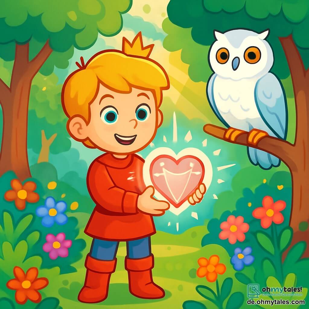 Ein junger Prinz, Leo, etwa 10 Jahre alt, mit goldenen Haaren und neugierigen, funkelnden Augen, steht im Mittelpunkt der Szene. Er trägt eine leuchtend rote Tunika und glänzende Stiefel und zeigt ein entschlossenes, fröhliches Lächeln. Neben ihm sitzt eine große, majestätische weiße Eule mit leuchtenden Augen, die weise auf einem Ast sitzt und ihn zu ermutigen scheint. Im Hintergrund erstreckt sich ein wunderschöner, verzauberter Garten, gefüllt mit bunten Blumen, großen Bäumen mit schimmernden Blättern und goldenen Sonnenstrahlen, die durch die Äste filtern. Die Hauptsituation zeigt Prinz Leo, der ein leuchtendes Kristallherz hält, umgeben von einer magischen Aura, bereit, sein Königreich mit Mut und Freundschaft zu retten.