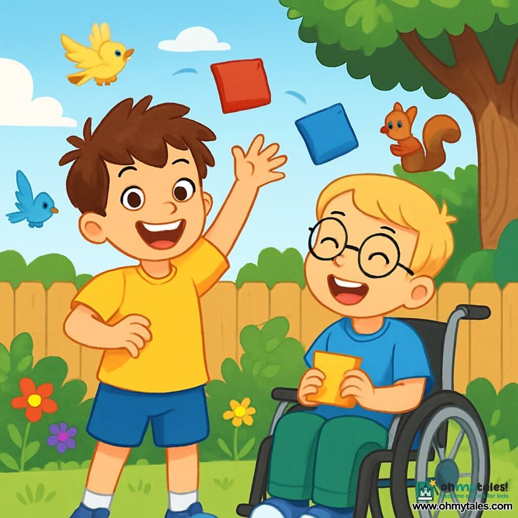 There are two main characters: Ben, a 6-year-old boy with messy brown hair, wearing a bright yellow t-shirt and blue shorts. He is standing with his arms raised, holding a red beanbag in his right hand, with a big smile on his face. Milo, also a 6-year-old boy in a wheelchair, has blonde hair and round glasses. He is wearing a blue t-shirt and green pants, sitting next to Ben, laughing and holding a yellow beanbag in his hands. The scene takes place in a sunny garden filled with colorful flowers and greenery. The sky is bright blue with a few fluffy white clouds. In the background, there is a wooden fence and an old oak tree with branches extending like welcoming arms. The main activity shows Ben and Milo trying to juggle three colorful beanbags (red, yellow, and blue) in a joyful and playful atmosphere. Birds are singing around them, and a small squirrel watches from the fence, intrigued by their efforts. The beanbags fly through the air as the boys laugh and encourage each other, creating a sense of challenge and friendship.
