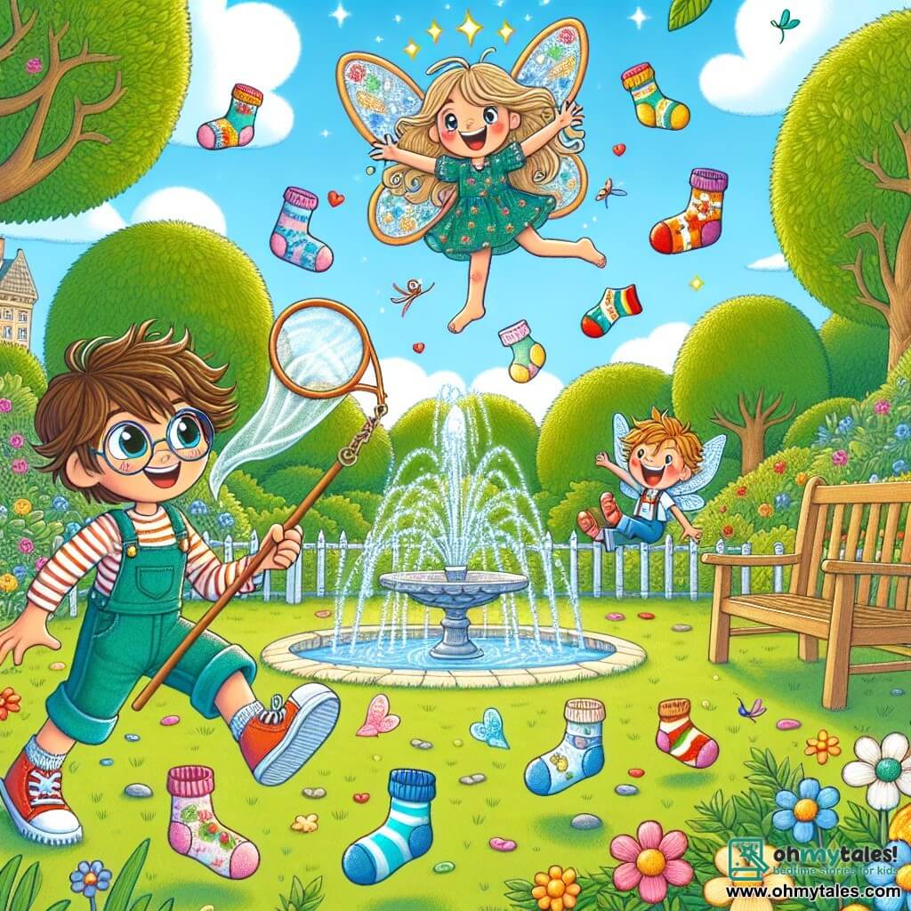 In a sunny park, a seven-year-old boy named Benny, with messy brown hair and round glasses, holds a large net, smiling and ready to catch magical socks. Beside him, his friend Sam, a boy with blonde hair and sparkling eyes, jumps with joy, holding a red sock in his hand. Above them, a small fairy named Tilly, with shimmering wings and a dress made of flower petals, flies while laughing, surrounded by colorful socks dancing in the air. The park is lush with vibrant trees, a pretty wooden bench, and a sparkling fountain at the center, where water splashes joyfully. Colorful flowers line the path, and the sky is bright blue with fluffy clouds. The main scene shows Benny and Sam in action, trying to catch the flying socks, while Tilly encourages them with a radiant smile, creating a magical and joyful atmosphere.
