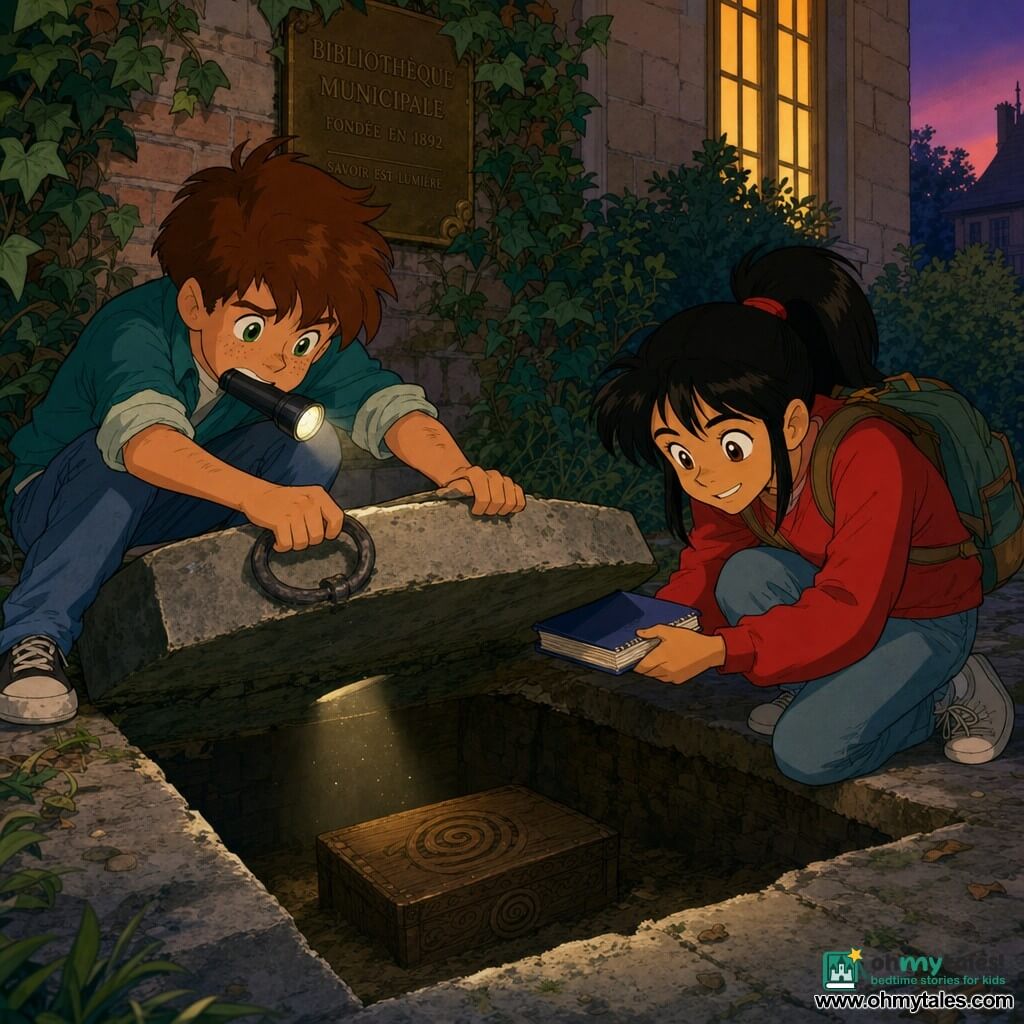 A 12-year-old boy with a round, freckled face, tousled brown hair and large focused green eyes, determined but slightly anxious expression, crouches pulling a heavy gray stone slab with an iron ring, sleeves rolled up and a flashlight held in his mouth or on the ground; beside him an 11-year-old girl, Lina, with smooth black hair in a ponytail, sparkling brown eyes and an excited but cautious smile, crouches wedging a notebook under the slab as a prop, wearing a red sweatshirt with a backpack visible behind her; the background shows the back of a library at dusk with beige brick wall, a bronze plaque partly hidden by ivy, a worn stone path, bushes and windows glowing warm inside; the slab lifts to reveal a dark dug-out chamber containing a carved wooden box with a spiral symbol, a shaft of light and floating dust, creating an intimate atmosphere of discovery, gentle tension and wonder.