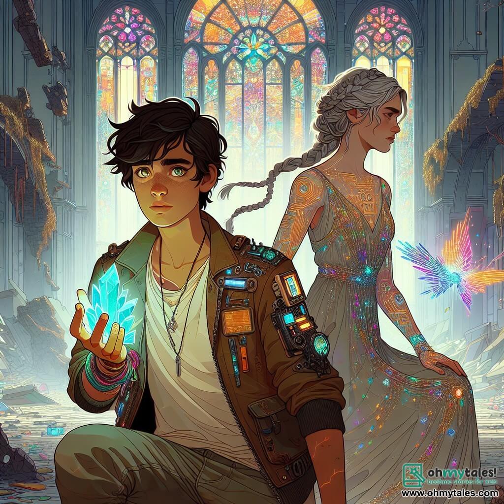 A 12-year-old boy, Elior, stands at the center of the image, with tousled hair and curious, bright eyes. His face shows determination mixed with concern as he holds a glowing crystal fragment in his hand. He wears a worn leather jacket adorned with technological gadgets and canvas pants. To his right, Archivist Veyra, a woman around 30, stands protectively. She has braided silver hair and sparkling eyes, dressed in a flowing gown made of glowing circuits. She looks at Elior with a mix of pride and worry, ready to guide him. The setting is a ruined cathedral, with collapsed walls and broken stained glass letting in colorful rays of light. Floating technological debris creates a magical and mysterious atmosphere. The main situation shows Elior, determined, ready to activate the mysterious Device of Threads, which shines brightly on an altar in the center of the cathedral. Threatening shadows loom around them, suggesting imminent danger, as an aura of magic and technology envelops the scene.