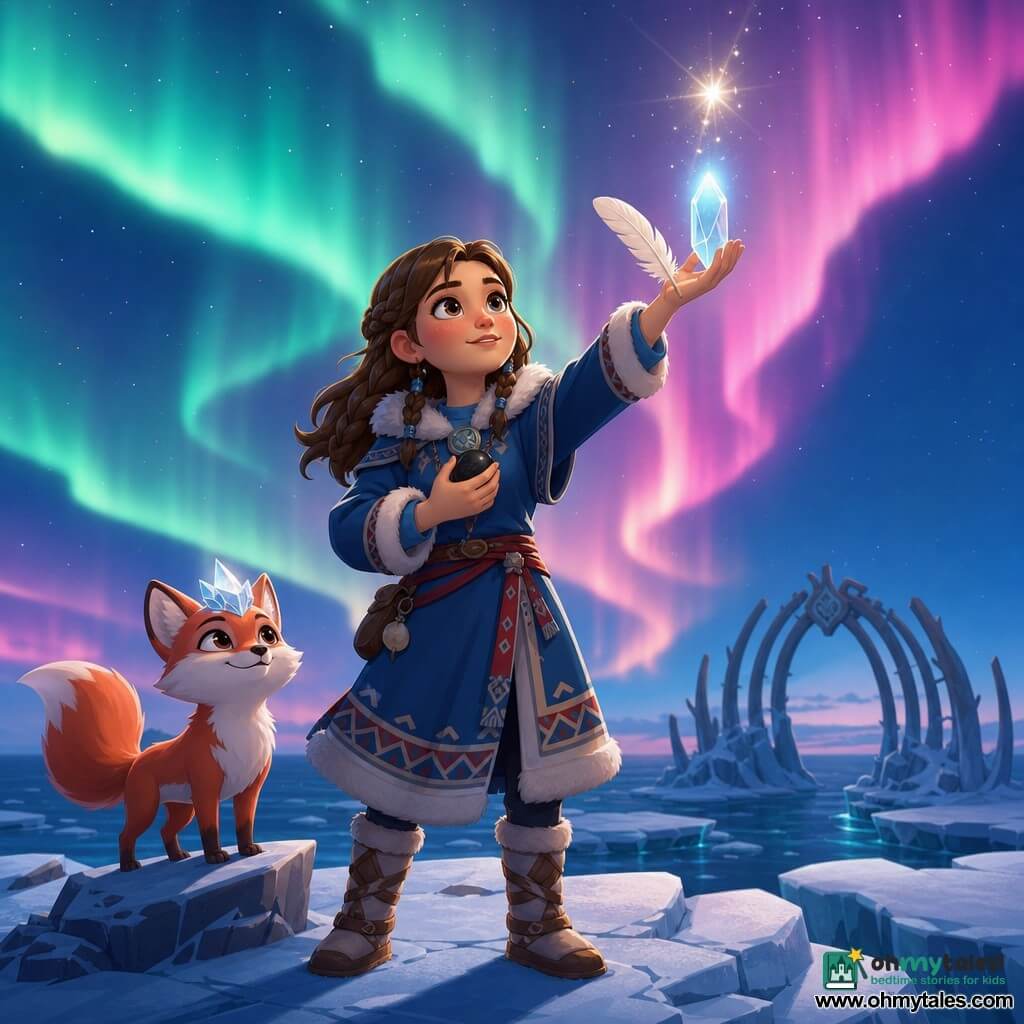 Aputi, a young woman with a round face, wind-rosy cheeks and determined bright eyes, stands upright on an icy cliff by a dark sea, performing a true gesture with her right hand raised to the sky and her left hand on her chest holding a white feather, a polished black pebble and a sparkling shard of ice from which a small star of light escapes; beside her on a rock to her left is Taktu, a small fox-like spirit with reddish-white fur and a thin crown of ice, watching with a mischievous, attentive gaze, while cracked ice, wind-blown snow ridges and a vast sky streaked with green and pink aurora frame a distant skeletal whale-rib gateway, creating a magical, cold yet warm atmosphere with strong contrast between the aurora's colors and the snow's cool tones.