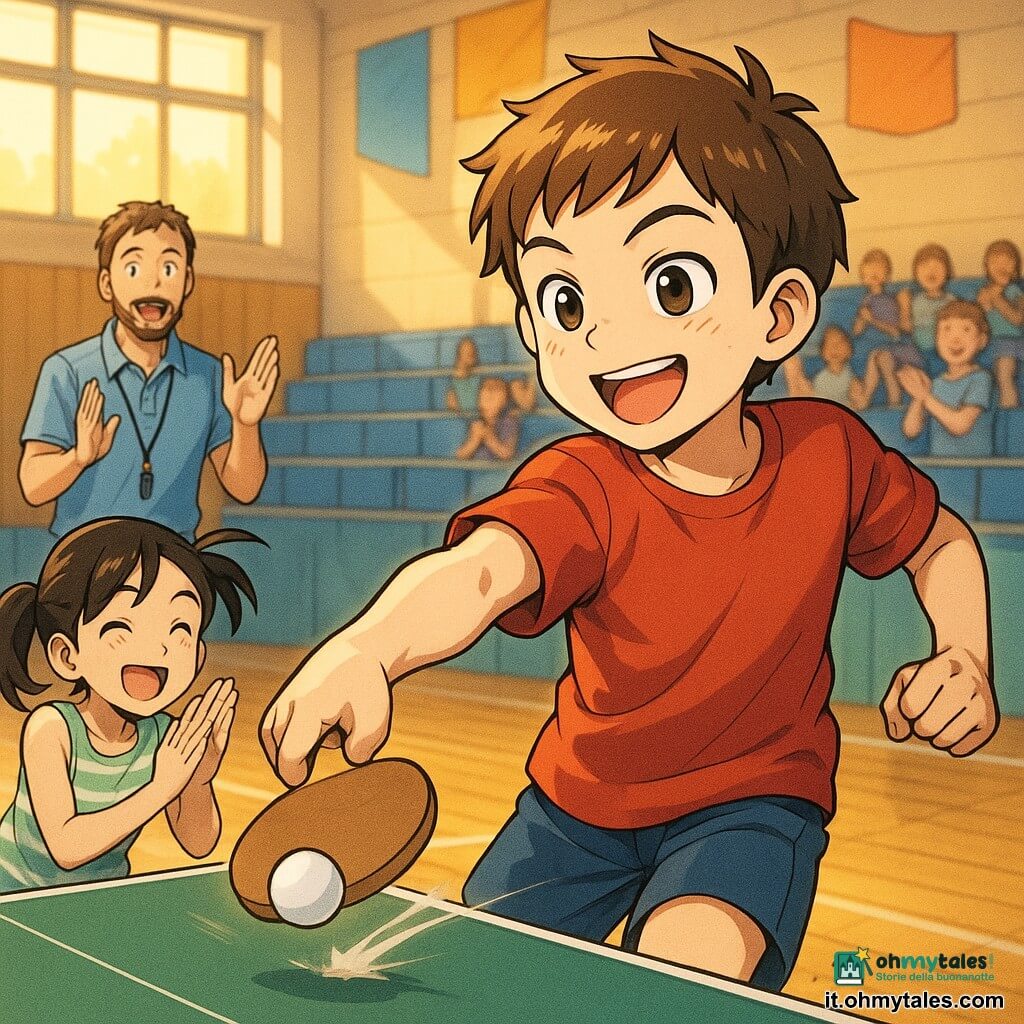 Un ragazzo di 10 anni, Luca, capelli castani corti e qualche lentiggine, maglietta rossa e pantaloncini blu, sorridente, fiero e concentrato, braccio teso a colpire una piccola pallina bianca da ping-pong con una racchetta di legno — movimento fermo, pallina appena sopra la rete; una ragazza di 10 anni, Sofia, coda di cavallo nera e canotta a righe verde chiaro, a sinistra di Luca applaude chinandosi verso il tavolo con volto luminoso; l'allenatore Marco, circa 35 anni, barba leggera e fischietto al collo, in piedi al bordo con mani alzate a incoraggiare; la palestra scolastica è ampia con pavimento in parquet lucido, grandi finestre che lasciano entrare luce dorata, bandierine al muro e gradinate con altri bambini sfocati che applaudono; scena principale sul punto vincente: movimento netto, gioia sul volto di Luca, leggere scie di polvere sul parquet, effetto velocità sulla pallina e ombre morbide; stile manga, colori vividi, contorni netti, espressioni esagerate ma dolci, atmosfera calda e positiva.
