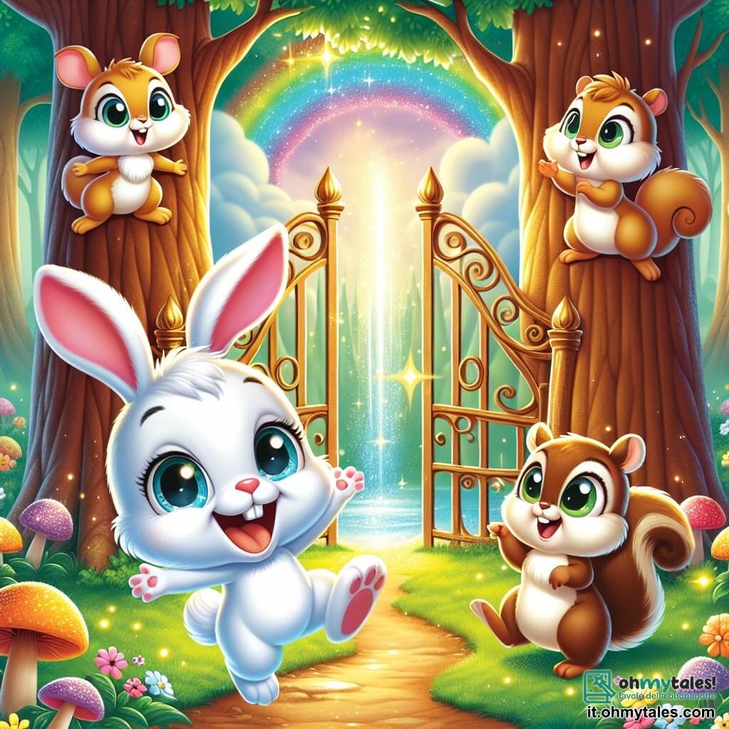 Al centro dell'immagine, un piccolo coniglio di nome Binky, con un pelo bianco splendente e grandi orecchie pendenti, mostra un'espressione di gioia e meraviglia. Sta saltando con entusiasmo davanti a un portale luminoso, circondato da luccichii dorati. Alla sua destra, un piccolo scoiattolo di nome Squeaky, con un pelo marrone e occhi scintillanti di malizia, sorride agitando una zampa. Si trova su un ramo, pronto a incoraggiare il suo amico nell'avventura. A sinistra, Fluffy, la sorella di Squeaky, è uno scoiattolo dal pelo morbido e setoso, con uno sguardo determinato. Sta indicando il portale, come se invitasse Binky a entrare nel mondo magico. Il contesto è una foresta incantata, piena di alberi maestosi e fiori colorati che danzano al vento. Sullo sfondo, una cascata arcobaleno scintilla sotto il sole, aggiungendo un tocco di magia alla scena. La situazione principale mostra Binky, Squeaky e Fluffy pronti a attraversare il portale magico, i loro volti illuminati dall'eccitazione per l'avventura che li attende.