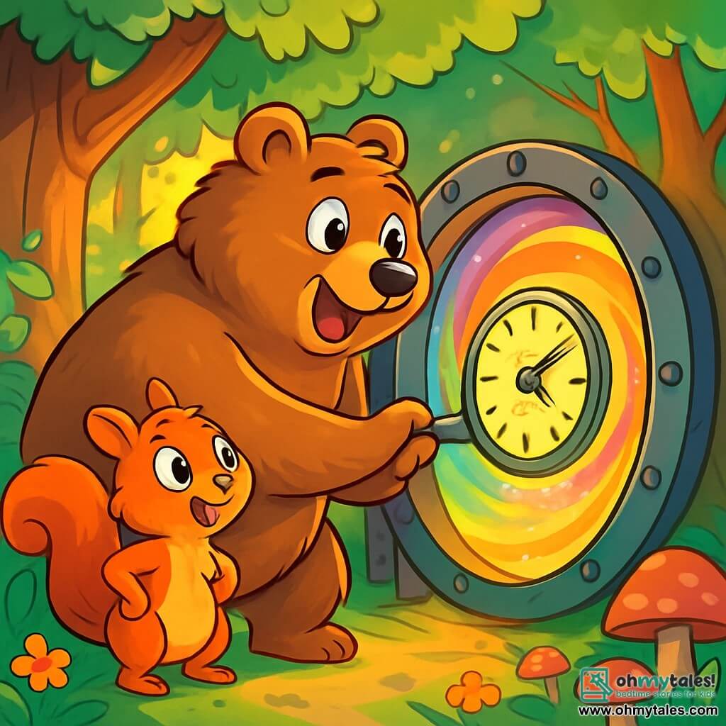 A brown bear named Bramble, with soft, silky fur and curious sparkling eyes, stands in front of a round metal door, his expression a mix of surprise and excitement. He is reaching for the door handle, which is adorned with a clock whose hands are spinning rapidly. Next to him, a small red squirrel with a bushy tail and round eyes watches the scene in wonder, its front paws on its hips, seemingly eager to join Bramble on the adventure. The setting is an enchanted forest, with majestic trees, thick trunks, and vibrant green leaves, bathed in golden light filtering through the foliage. Colorful flowers and oddly shaped mushrooms dot the ground, adding a touch of magic. The main scene shows Bramble ready to enter the bright tunnel opening behind the door, a vortex of vibrant, sparkling colors promising an incredible adventure through time.