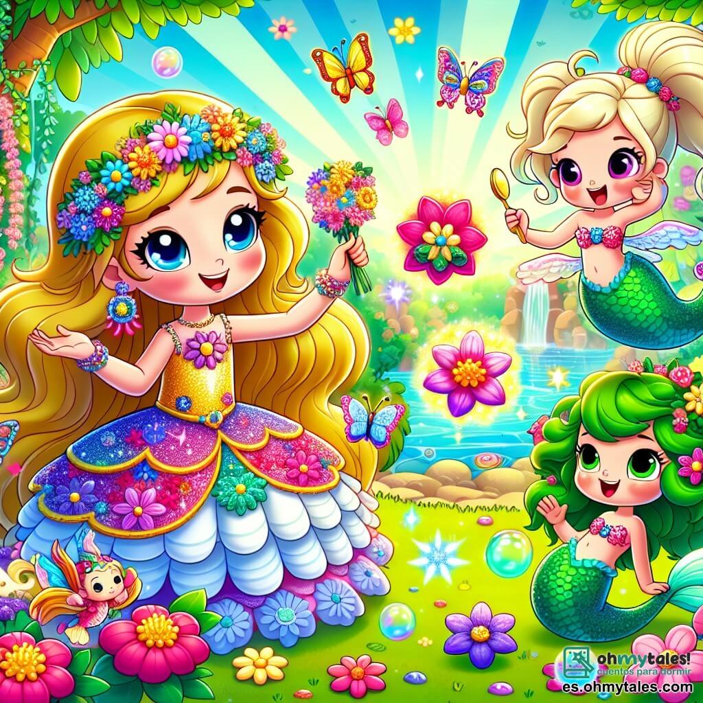 En el centro de la imagen, la princesa Dulcinea, una niña de unos 10 años, irradia felicidad. Tiene largos cabellos dorados que brillan al sol y ojos azules llenos de curiosidad. Lleva un vestido colorido adornado con flores y sonríe ampliamente mientras sostiene un ramo de flores mágicas que parecen bailar a su alrededor. A su lado, Sirenita, una sirena de unos 8 años, tiene el cabello desordenado como un nido de pájaros. Lleva un top de conchas y su cola brilla con colores vivos. Se ríe alegremente mientras intenta recordar cómo usar su cuchara, levantando las manos en un gesto cómico. Un poco más atrás, un pequeño dragón de escamas verdes y ojos redondos, que parece asustado pero maravillado, bate sus alas con dudas. Mira a Dulcinea con admiración, listo para volar por primera vez. El escenario es un jardín mágico, lleno de flores de colores vibrantes que parecen hablar, mariposas con alas de arcoíris que revolotean en el aire y un pequeño estanque donde burbujas flotan suavemente. Rayos de sol se filtran a través de los árboles, creando una atmósfera encantada y alegre. La situación principal muestra a Dulcinea animando al pequeño dragón a superar su miedo a volar, mientras que Sirenita, con una sonrisa traviesa, prepara una sopa de burbujas a su lado, añadiendo un toque de magia y risas a esta escena de cuento de hadas.