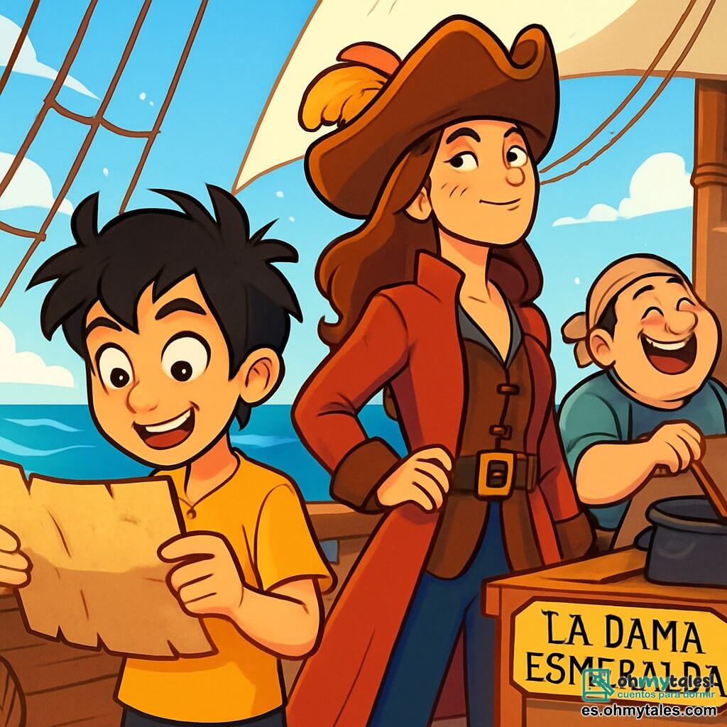 Un joven llamado Mateo, con cabello negro desordenado y ojos brillantes de curiosidad, está en el puente del barco pirata "La Dama Esmeralda". Mira maravillado un viejo pergamino que acaba de descubrir, su rostro iluminado por la emoción y la aventura. A su lado, la capitana Isabela, una mujer de unos treinta años con cabello castaño y una gran cicatriz en la mejilla, sonríe con confianza mientras observa el cielo. Lleva un largo abrigo rojo y un sombrero de pirata adornado con plumas. Un poco más lejos, Tomás, el cocinero alegre, un hombre regordete de unos cuarenta años, está preparando un plato misterioso en una gran olla, riendo a carcajadas. El escenario es un magnífico océano azul, con olas brillantes bajo el sol naciente. El barco es de madera, con velas blancas ondeando al viento y cuerdas entrelazadas. La situación principal muestra a Mateo descubriendo el valioso pergamino, mientras la brisa marina hace danzar las velas y la emoción de la aventura se refleja en el rostro de todos.