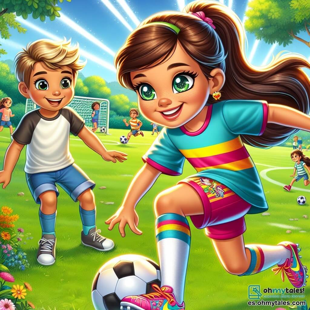 Sofía, una niña de 12 años, está en el centro de la imagen. Tiene el pelo largo y castaño recogido en una coleta, ojos brillantes de determinación y una sonrisa radiante. Lleva una camiseta de fútbol colorida, shorts y zapatillas deportivas, driblando hábilmente un balón de fútbol en un campo soleado. Su expresión muestra concentración y alegría por jugar. A su lado, Lucas, un niño de 10 años, la admira con ojos muy abiertos. Tiene el pelo rubio desordenado y lleva una camiseta y shorts. Está a punto de patear el balón, mostrando una gran sonrisa, lleno de entusiasmo y admiración por su amiga. El campo de fútbol está en un parque verde, rodeado de árboles majestuosos y flores coloridas. Al fondo, se ven niños jugando y familias haciendo picnic, creando una atmósfera alegre y animada. La escena principal muestra a Sofía enseñándole a Lucas cómo driblar el balón, con risas y gestos dinámicos, ilustrando la pasión y la amistad que los une a través del juego.