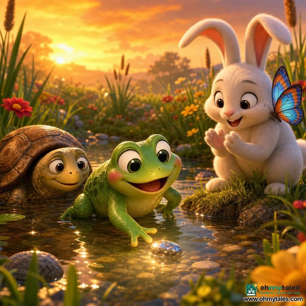 A small shiny plump green frog with big round eyes and rosy cheeks smiles, reaching toward a sparkling pebble in a shallow clear pond while a fluffy white long-eared rabbit stands on the grassy bank to the right, ready to applaud, and a colorful translucent-winged butterfly perches on the rabbit’s shoulder; to the left a wise brown-textured-shelled turtle is semi‑submerged and watching; setting: a shallow pond surrounded by a flowered meadow with red and yellow blooms, fine reeds, sparkling reflections and a soft orange sunset sky, mood gentle, bright colors and rounded textures, composition centered on the trio by the pebble.