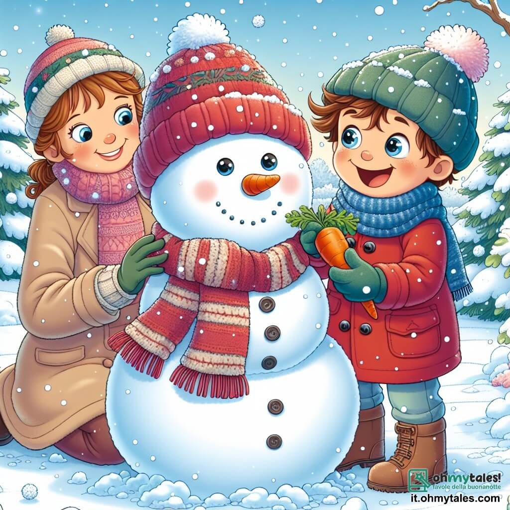 Un ragazzo di 7 anni, Matteo, con i capelli castani arruffati e gli occhi scintillanti di gioia, sta costruendo un grande pupazzo di neve nel suo giardino. Indossa un grosso cappotto rosso, un berretto di lana blu e guanti verdi, e sorride ampiamente, con le guance arrossate dal freddo. Sua madre, una donna di circa trent'anni con i capelli castani raccolti in un chignon, lo osserva con un sorriso caloroso, vestita con un cappotto beige e una sciarpa colorata. Tiene una carota in una mano, pronta per usarla come naso per il pupazzo di neve. Il giardino è coperto da un spesso manto di neve scintillante, con alberi dai rami carichi di fiocchi e un cielo azzurro chiaro punteggiato di nuvole bianche. Matteo e sua madre stanno modellando il pupazzo di neve, aggiungendo occhi di bottoni e un sorriso gioioso, creando insieme un momento magico e caloroso nel cuore dell'inverno.