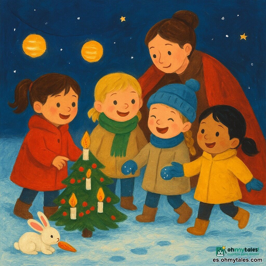 Seis personajes: Ana (niña 4 años, coletas, abrigo rojo) a la izquierda mostrando un pequeño abeto con velas de papel; Lia (niña 4 años, pelo rubio corto, bufanda verde) junto a Ana, sonriendo y sujetando la mano de Bea; Bea (niña 4 años, trenza castaña clara, gorro azul) en el centro riendo con nieve en los guantes; Noa (niña 4 años, pelo negro, abrigo amarillo) a la derecha, saltando levemente en la nieve con botas; la madre (mujer adulta, pelo recogido, abrigo marrón) detrás cubriéndolas con una gran manta roja; un pequeño conejo blanco de orejas rosadas junto al abeto comiendo una zanahoria caída. Lugar: llanura nevada de noche con nieve polvo de reflejos azul pálido, pequeño abeto verde decorado con guirnaldas rojas y velas de papel que emiten luz cálida, farolillos colgantes, huellas de niños y cielo estrellado. Situación: las cuatro niñas en círculo junto al abeto mirando las velas, riendo suavemente y tomadas de la mano mientras la madre las arropa y el conejo observa; atmósfera tierna con contraste entre los tonos cálidos del abeto y el frío blanco de la nieve, estilo gouache simple y texturizado con trazos amplios.