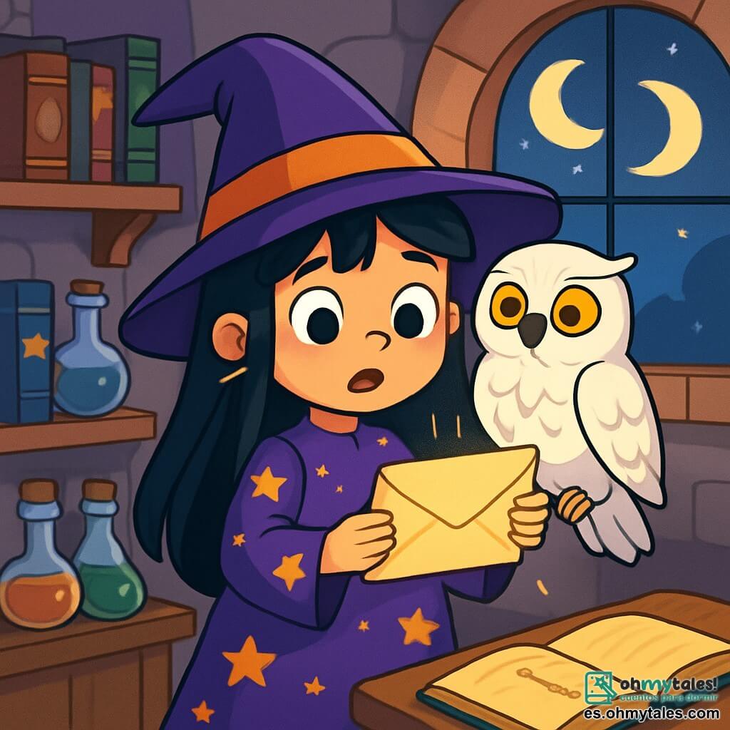 Una joven bruja de siete años, Luna, con largos cabellos negros y ojos llenos de curiosidad, se encuentra en el centro de la escena. Lleva un vestido violeta adornado con estrellas doradas y sostiene una carta brillante en sus manos, con un rostro que expresa tanto emoción como aprensión. A su lado, su lechuza blanca llamada Alba, con plumas brillantes, la observa con ojos sabios, posada en su hombro. El decorado es una habitación mágica, con paredes de piedra adornadas con viejos grimorios y estanterías llenas de pociones coloridas. Una ventana deja entrar la luz de dos lunas brillantes en el cielo nocturno, iluminando la habitación con un resplandor suave y misterioso. Luna, en plena reflexión, se prepara para partir en una aventura, sosteniendo firmemente la carta que la llama a una búsqueda para encontrar la varita de las dos lunas, mientras que Alba parece lista para acompañarla en esta emocionante misión.
