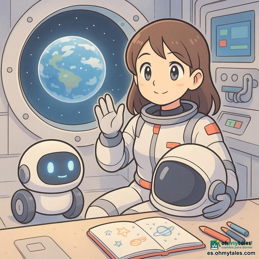 Una joven astronauta de rostro sonriente y sereno, ojos brillantes de asombro, sostiene un casco blanco bajo el brazo y viste un traje espacial blanco y gris con cierres rojos, está sentada junto a una gran escotilla circular saludando a la Tierra; a su lado rueda Rueditas, un pequeño robot redondo con ruedas, luz azul y rostro luminoso simple (dos puntos) que la mira como compañero fiel; sobre la mesa hay un cuaderno abierto con dibujos naifs de estrellas y planetas y lápices de colores; el interior de la estación es suave y ordenado, paredes metálicas claras, pantallas con botones coloridos y cables recogidos; por la escotilla se ve la Tierra azul y blanca con nubes y un halo de luz; ambiente visual en colores pastel, contornos nítidos estilo manga, texturas lisas y luz tenue y cálida.