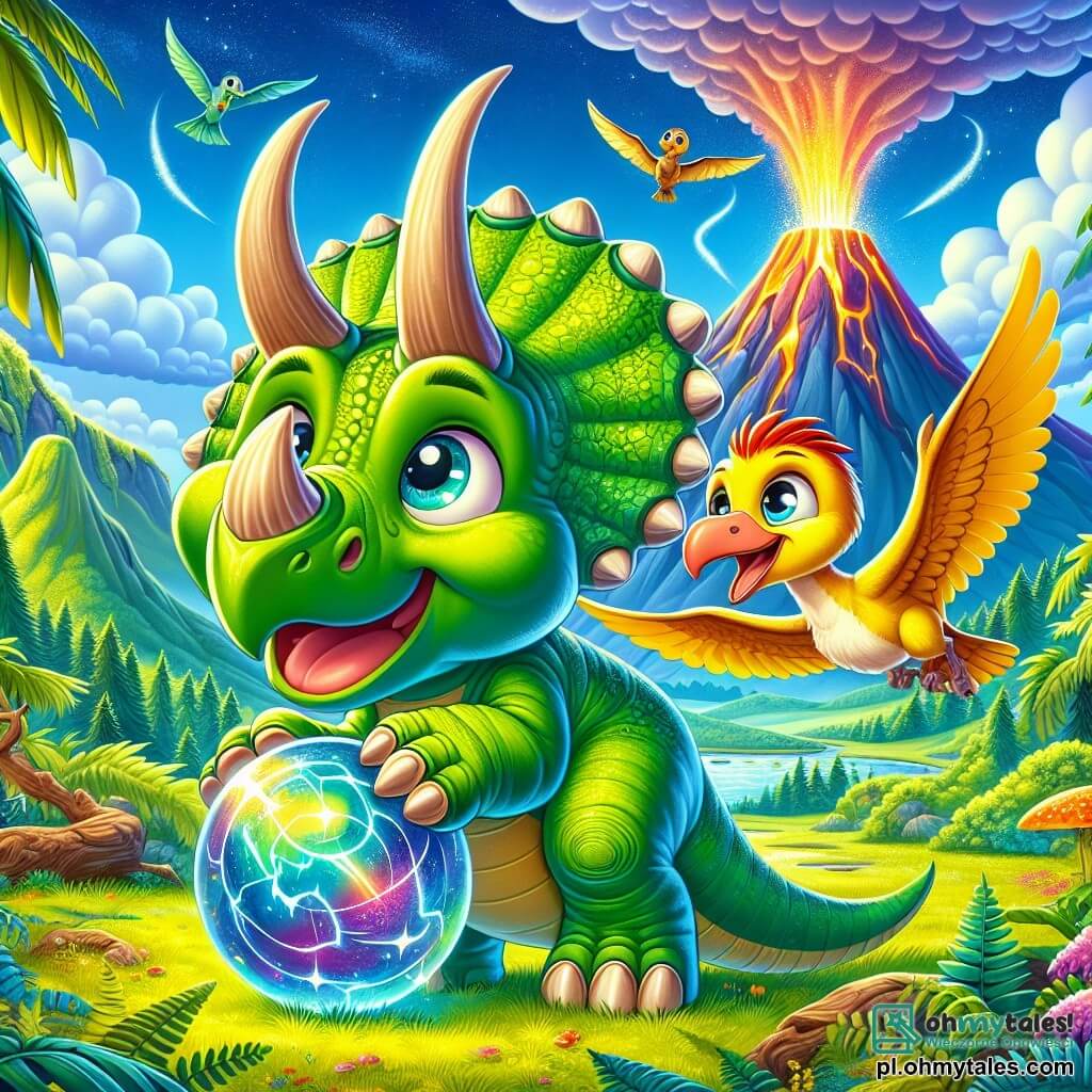 Wesoły i ciekawski triceratops o jaskrawozielonej skórze i majestatycznymi rogami stoi w centrum sceny, trzymając w przednich łapach tajemniczą, świecącą kulę. Jego duże, okrągłe oczy błyszczą ekscytacją i zdumieniem. Obok niego młody pterodaktyl o imieniu Lenny, z żółtymi piórami i szerokim uśmiechem, radośnie lata w powietrzu, rozpościerając skrzydła i podziwiając swojego przyjaciela. W tle rozciąga się Wulkaniczna Dolina z zielonymi wzgórzami, bujnymi paprociami i dymiącym wulkanem, który emituje kolorowe chmury pary w niebieskim niebie. Scena emanuje atmosferą przygody i przyjaźni, podczas gdy triceratops odkrywa magiczną moc świecącej kuli, gotowy na nowe przygody z przyjaciółmi.