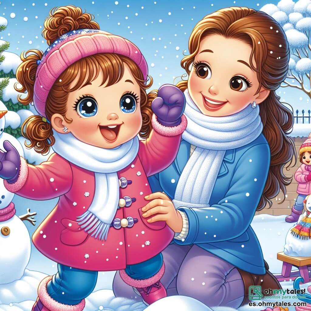 Una niña de 3 años, con grandes ojos brillantes y cabello rizado castaño, lleva un abrigo rosa brillante, una bufanda blanca y guantes morados. Está saltando en la nieve, su rostro radiante de alegría. A su lado está su mamá, Ana, una mujer de unos treinta años, con largo cabello castaño recogido en un moño, vestida con un abrigo azul y un gorro a juego. Sonríe mientras mira a su hija, lista para ayudarla a construir un muñeco de nieve. El escenario es un jardín nevado, donde la nieve brilla bajo el sol de invierno, con árboles cubiertos de nieve y un cielo azul claro. Al fondo, se ve un trineo colorido, listo para aventuras. La situación principal muestra a Sofía y su mamá moldeando un muñeco de nieve, riendo y divirtiéndose juntas, creando recuerdos mágicos de un día de invierno.