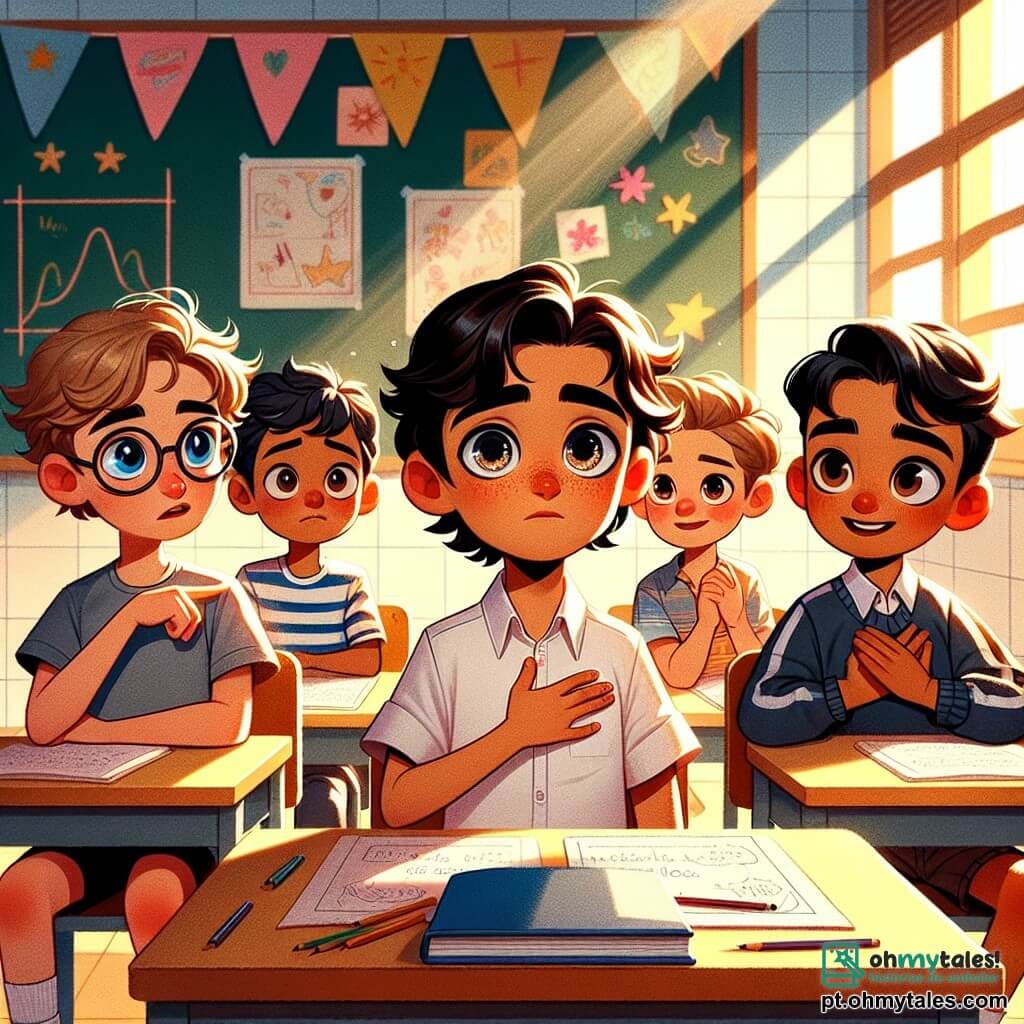 Em uma sala de aula iluminada, quatro meninos de nove anos estão em volta de uma mesa de madeira. Miguel, um garoto de cabelos castanhos e olhos brilhantes, parece nervoso, com uma mão no coração e a outra segurando um caderno. À sua direita, Pedro, um menino loiro de óculos, o observa com curiosidade, as sobrancelhas franzidas. À esquerda de Miguel, Tiago, um garoto de cabelos negros e pele levemente bronzeada, cruza os braços com uma expressão séria, pronto para dar conselhos. Por fim, Lucas, um menino de cabelos castanhos e uma perna ligeiramente mais curta, sorri para encorajar Miguel, com as mãos nos bolsos do seu short. A sala de aula é decorada com desenhos coloridos nas paredes, e as janelas deixam entrar a luz do sol, iluminando os rostos das crianças. No quadro negro, há equações de matemática e estrelas desenhadas pelos alunos. A situação principal mostra Miguel, visivelmente ansioso, confessando à sua professora, uma mulher sorridente de cabelos castanhos e óculos, que mentiu sobre seu trabalho de matemática, enquanto seus amigos o escutam atentamente, cada um com uma expressão diferente no rosto, variando de preocupação a compreensão.