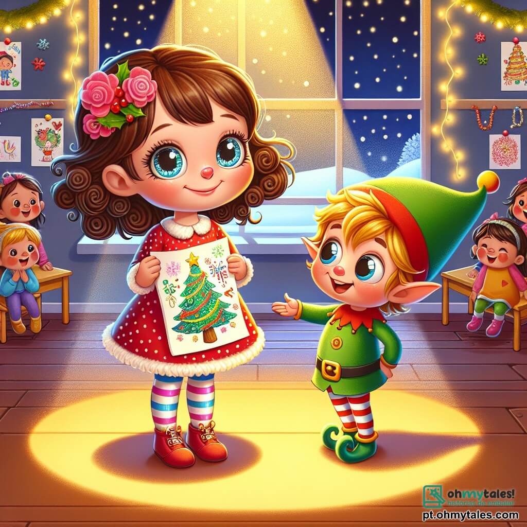 Uma menina de 4 anos, Clara, com grandes olhos brilhantes e cabelos castanhos cacheados, sorri maravilhada enquanto segura um desenho colorido de uma árvore de Natal. Ela veste um vestido vermelho com bolinhas brancas e meias listradas, posicionando-se no centro da cena, cercada por uma suave luz dourada. Ao lado dela, um pequeno elfo chamado Pip, com um chapéu pontudo verde e orelhas pontudas, sorri maliciosamente. Ele tem cabelos loiros e veste um traje colorido, flutuando levemente acima do chão, mostrando a Clara a importância de compartilhar. Ao fundo, a sala de aula está decorada com guirlandas cintilantes e flocos de neve colados nas janelas, com crianças de diferentes idades cantando alegremente. As paredes estão adornadas com desenhos de Natal, e uma grande árvore iluminada se destaca em um canto, preenchendo o ar com uma atmosfera festiva. A cena principal mostra Clara, cheia de alegria, oferecendo seu desenho ao seu amigo Tomás, um menino de 5 anos com cabelos castanhos e um cachecol vermelho, que a observa com um grande sorriso, pronto para lhe dar um abraço caloroso.