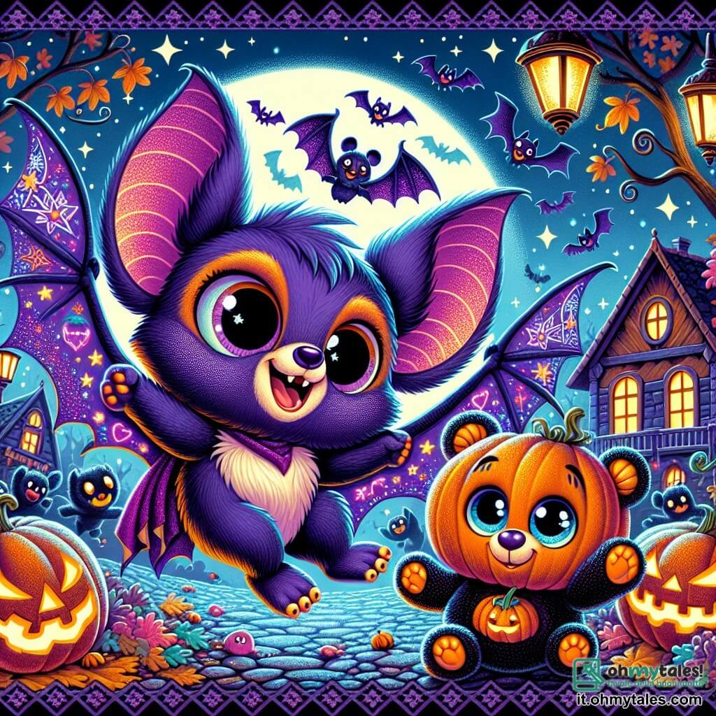 Pipotto, un piccolo pipistrello dal pelo viola e dagli occhi grandi e rotondi brillanti di curiosità, vola felicemente nel cielo notturno, il suo mantello nero stellato che fluttua dietro di lui. Ha un sorriso radioso e le sue ali traslucide scintillano sotto la luce della luna. Accanto a lui, Zuccorsetto, un orsetto di peluche con una testa di zucca, danzando con entusiasmo, i suoi occhi brillano di malizia. Si trova proprio sotto Pipotto, alzando le braccia in aria come se invitasse gli altri a unirsi alla festa. Il contesto è un villaggio incantevole, illuminato da lanterne colorate e zucche sorridenti, con case dalle facciate contorte e alberi dalle foglie dorate che sussurrano nel vento. La scena rappresenta una notte di Halloween magica, dove Pipotto e Zuccorsetto si divertono insieme, circondati da creature fantastiche, in un'atmosfera gioiosa e piena di risate.