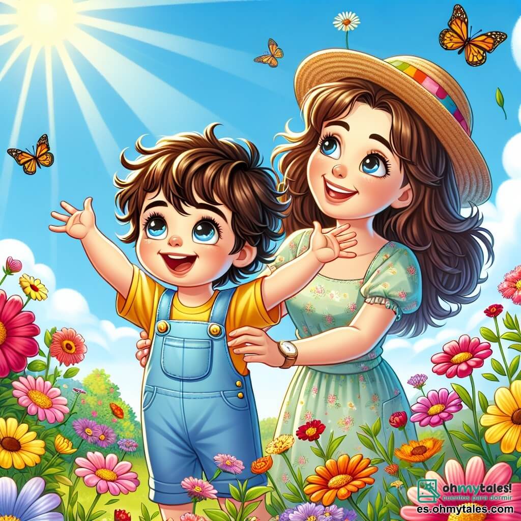 Un niño de 2 años, con cabello castaño desordenado y ojos llenos de curiosidad, está en medio de un jardín en flor, sonriendo con asombro. Lleva un overol azul y una camiseta amarilla, levantando los brazos hacia el cielo mientras admira el sol. Su madre, una mujer de unos 30 años con cabello largo y castaño, está a su lado, sonriendo y plantando flores coloridas en el jardín. Ella lleva un vestido ligero y un sombrero de paja, inclinándose ligeramente hacia su hijo. El jardín está lleno de flores brillantes de todos los colores, con mariposas volando alrededor y un cielo azul claro salpicado de nubes blancas. La escena principal muestra al niño y a su madre disfrutando de un hermoso día de primavera, rodeados de la belleza de la naturaleza, maravillándose juntos de las flores y del sol.
