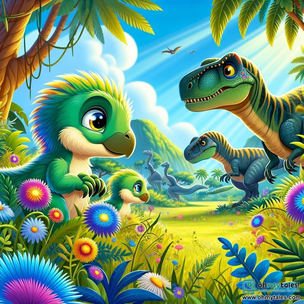 A small velociraptor named Rolo, with bright green feathers and sparkling curious eyes, hides in the tall grass, his heart racing with excitement and fear. Beside him, his mother, a velociraptor with golden feathers, looks at him proudly while whispering words of encouragement. A little further away, his father, a sturdy velociraptor with dark blue feathers, scans the horizon, ready to protect his family. The scene takes place on a magical island, where majestic trees with thick trunks and colorful flowers sway in the gentle breeze, while a bright blue sky illuminates the landscape. In the distance, an imposing T-Rex, with green scales and a hungry gaze, moves slowly, shaking the ground beneath its feet. Rolo and his family hide in the grass, waiting for the T-Rex to move away, their hearts beating in unison, ready to protect their precious home.