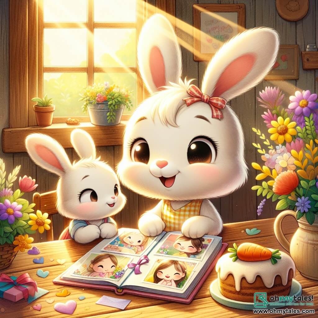 An illustration depicts a small white rabbit with large floppy ears and sparkling eyes holding a colorful scrapbook filled with photos and letters. It has a radiant smile, overflowing with excitement and love. Next to it is a sweet and affectionate mother rabbit with light brown fur and tender eyes, gazing at the scrapbook in wonder. She is sitting at a table surrounded by colorful flowers, her expression reflecting deep gratitude and happiness. The setting is a charming little kitchen with warm wooden walls, a rustic wooden table adorned with wildflowers, and a freshly decorated carrot cake at the center. Sunlight filters through the windows, casting a soft and warm glow on the scene. The main focus shows the little rabbit proudly presenting its gift to its mother, celebrating Mother's Day with love and creativity. Other graphic elements include bright colors with flowers, hearts drawn on the scrapbook, and bursts of light that add a joyful and festive atmosphere to this touching scene.