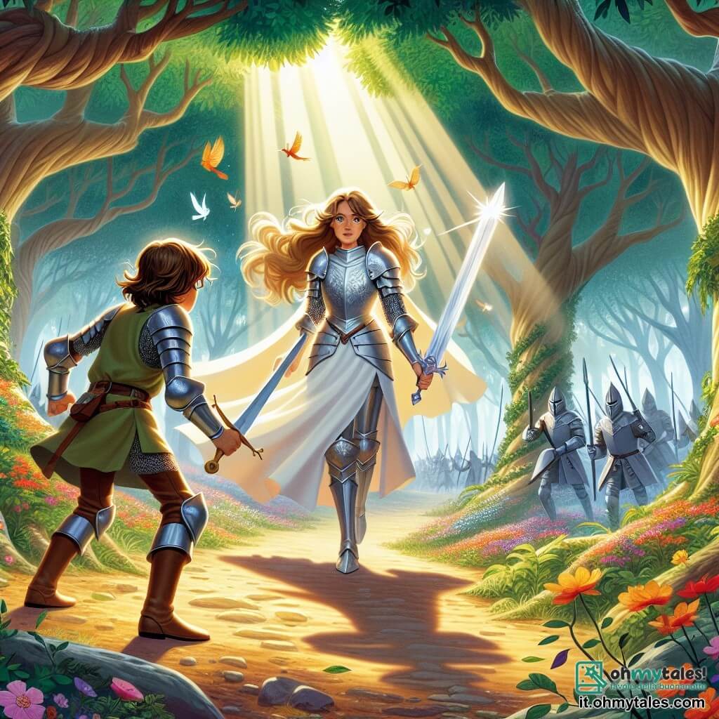 Al centro dell'immagine, una valorosa cavaliere, Serafina, si erge con orgoglio. Ha lunghi capelli castano chiaro che fluttuano nel vento e la sua armatura scintillante riflette la luce del sole. Il suo volto esprime determinazione e coraggio mentre brandisce una spada luccicante, pronta a difendere il suo regno. Accanto a lei, un giovane guerriero di nome Tomas, di circa 16 anni, è in posizione di combattimento. Ha capelli castani disordinati e indossa un'armatura più semplice ma robusta. Il suo sguardo è concentrato e si tiene leggermente indietro, pronto a supportare Serafina nella battaglia. Sullo sfondo, la scena si svolge in una foresta incantata, con alberi maestosi dalle foglie verdi vibranti e fiori colorati che bordano il sentiero. La luce del sole filtra tra i rami, creando ombre danzanti sul terreno. La situazione principale mostra Serafina e Tomas di fronte a un gruppo di banditi minacciosi, che emergono dai cespugli, armati e pronti ad attaccare. L'atmosfera è tesa, carica di energia e suspense, mentre i due giovani eroi si preparano a difendere il loro regno contro il male.