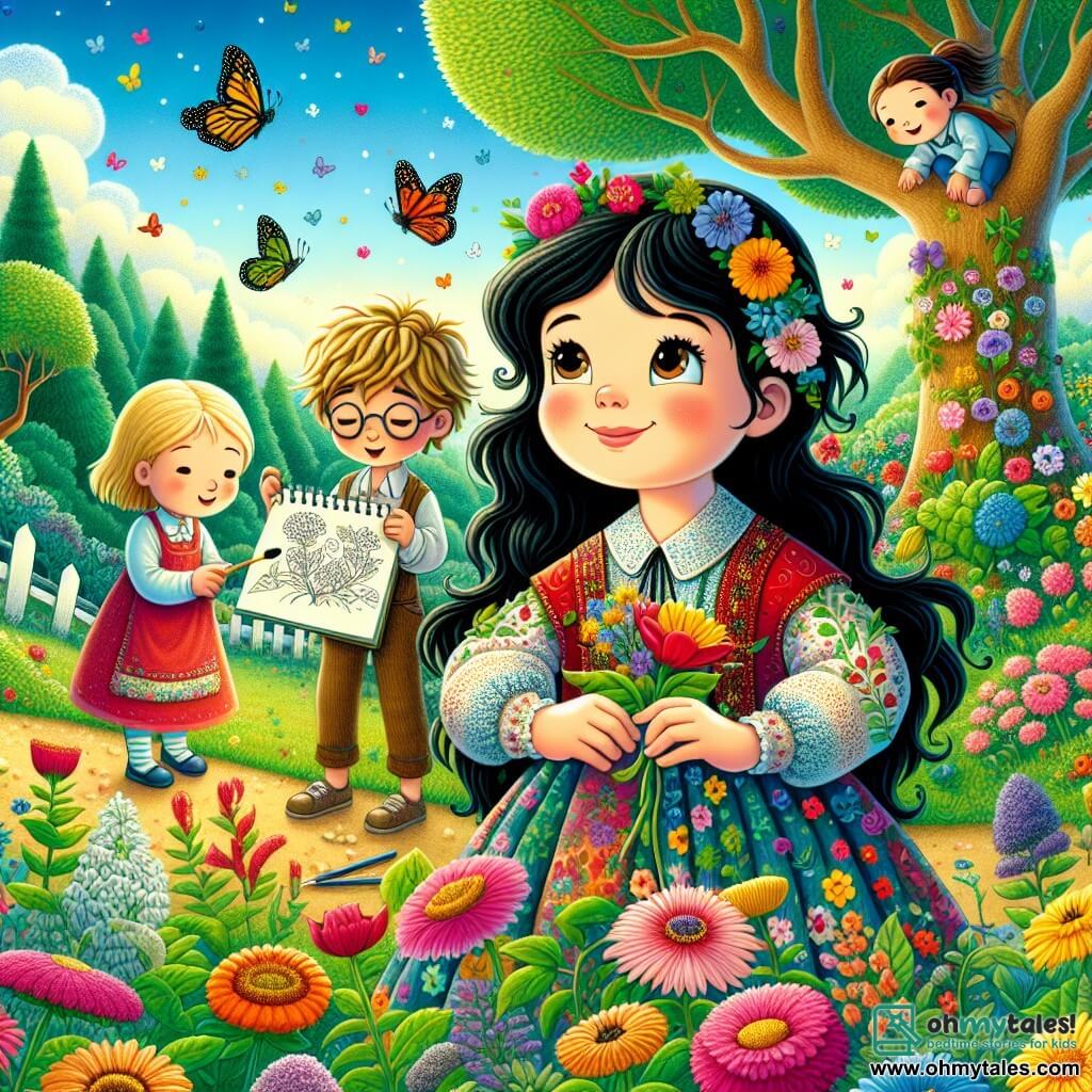 Snow White, a young girl with ebony black hair and skin as white as snow, stands at the center of the scene, a warm smile lighting up her joyful face. She wears a red and blue dress adorned with colorful flowers and holds a garden sketch in her hands, showing her enthusiasm and creativity. Next to her, Max, a 10-year-old boy with blonde hair and sparkling eyes, is planting a small flower in the ground, his face radiating concentration and joy. Lily, a 9-year-old girl with brown hair and round glasses, sits on a tree branch, drawing butterflies in her notebook, her expression one of wonder. The scene takes place in a secret garden filled with vibrant flowers, tall trees with green leaves, and a clear blue sky dotted with fluffy white clouds. Sunlight filters through the branches, creating bright patterns on the ground. The main situation shows Snow White and her friends celebrating the beauty of nature, surrounded by laughter and colors as they plant flowers for their Kindness Festival, symbolizing friendship and shared joy.