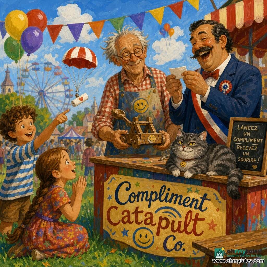 Mr. Calder, an awed yet nervous older man with a wrinkled smile, round glasses, tousled gray hair, plaid shirt and paint-stained apron, delicately holds a small wooden catapult with a smiling logo; a plump gray tabby cat named Pickle with mischievous yellow eyes sits on the counter watching; the mayor, in his fifties with a large mustache and tricolor sash, laughs while reading a small paper capsule; an eight-year-old girl with a long braid in a colorful dress crouches on the grass, amazed as a paper capsule with a parachute descends before her, and a nine-year-old boy with curly hair and a striped T-shirt stands behind her applauding and pointing; the scene is a bright afternoon village fair at a painted wooden stall labeled "COMPLIMENT CATAPULT CO." with bunting, balloons, wooden benches and a blurred Ferris wheel in the background, green grass and a blue sky with clouds, rendered in saturated colors with visible gouache texture and expressive brushstrokes.