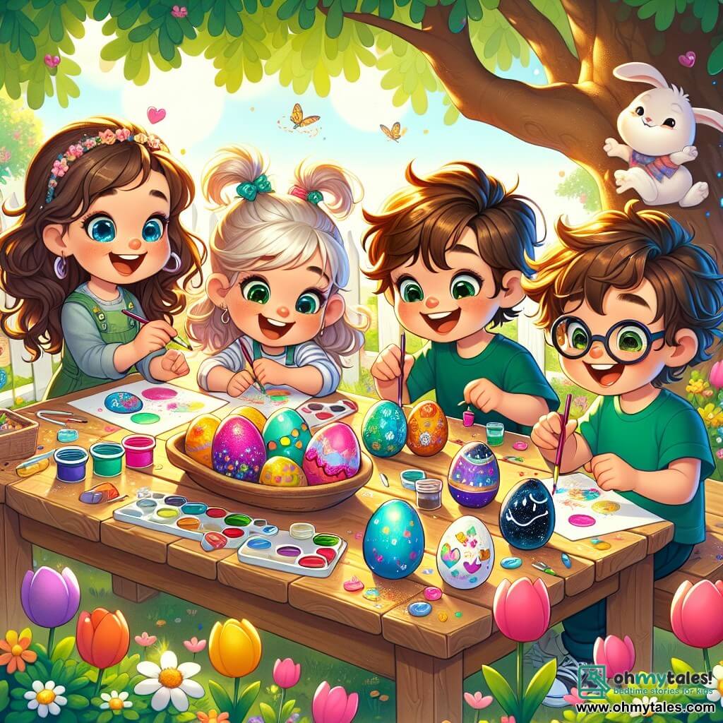 In a sunny garden, four children are gathered around a large wooden table filled with colorful Easter eggs. Lily (girl, 7 years old) has sparkling blue eyes and bouncy curly hair. She is painting an egg with bright colors, a big smile on her face. Jake (boy, 7 years old) has messy brown hair and is wearing a green t-shirt. He is leaning over an egg he is decorating with animal patterns, laughing joyfully. Mia (girl, 7 years old) has long, smooth hair tied in two pigtails. She is sticking heart-shaped stickers on her egg, her eyes shining with excitement. Sam (boy, 7 years old) is in a wheelchair, smiling broadly with glasses. He is painting his egg with galaxy patterns, surrounded by sparkling glitter. The garden is filled with colorful flowers, with tulips and daisies dancing in the wind. In the background, a large shady oak tree provides a cool refuge, while a curious little rabbit watches them from behind a haystack. The scene shows the children actively laughing and sharing ideas as they decorate their eggs for the upcoming Easter egg hunt.