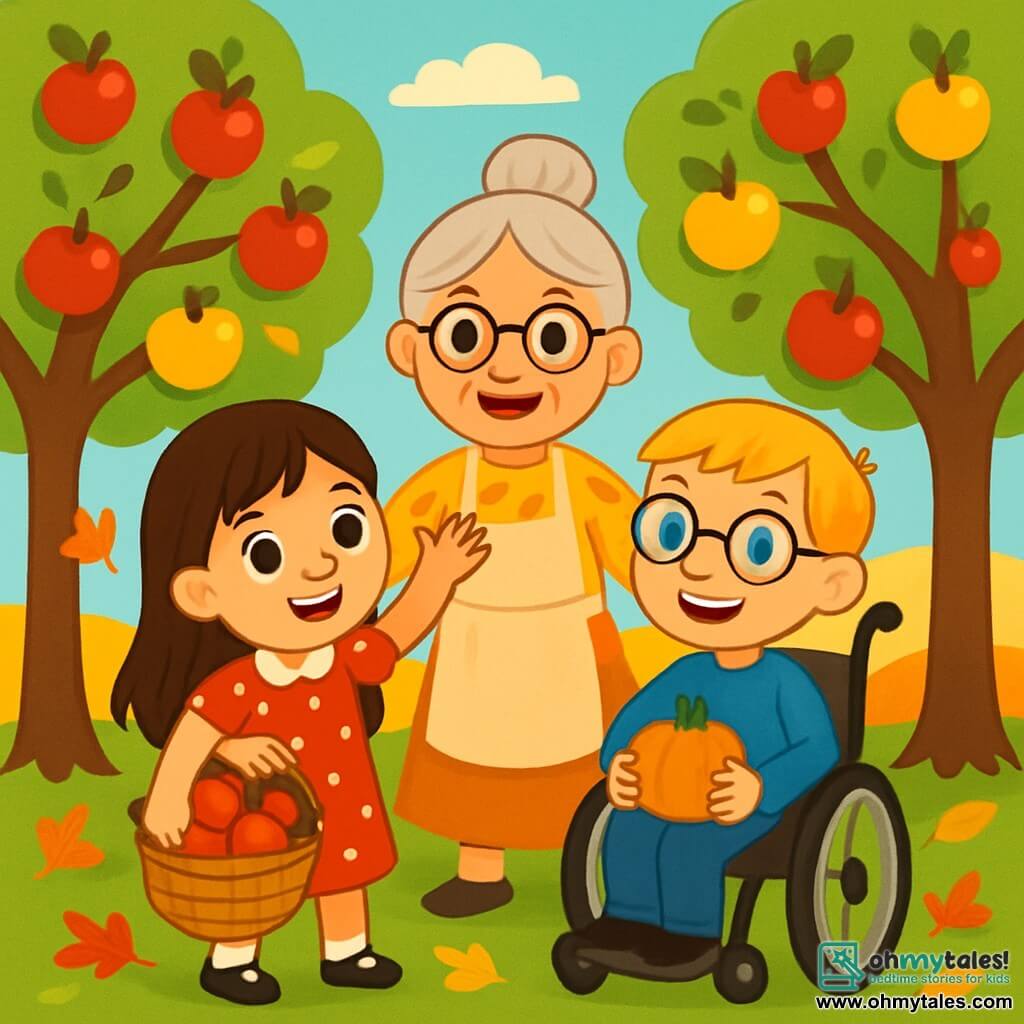 There are 3 characters: - Lila: a 7-year-old girl with long brown hair and sparkling eyes. She wears a red dress with white polka dots and holds a basket full of apples. She stands on the left, smiling and full of energy. - Ben: an 8-year-old boy in a wheelchair. He has blond hair and glasses. He wears a blue sweater and jeans. He is to the right of Lila, holding a small pumpkin on his lap with a big smile. - Grandma: an elderly woman with gray hair in a bun and glasses. She wears a floral blouse and an apron. She stands behind Lila and Ben, arms open, ready to join their joy. The setting is an autumn orchard, with trees laden with red and golden apples. The ground is covered with brightly colored leaves: orange, yellow, and red. In the distance, there is a gentle hill under a clear blue sky dotted with fluffy white clouds. The main scene shows Lila and Ben picking apples in the orchard, surrounded by falling leaves. Lila is reaching for a shiny apple, while Ben smiles holding his pumpkin. Grandma looks at them fondly, adding a warm touch to this joyful autumn scene.