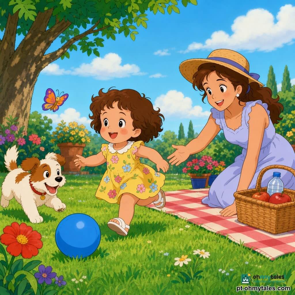 Criança de 2 anos, alegre e espantada, cabelo castanho cacheado curto, bochechas rosadas, veste vestido amarelo com flores e sandálias brancas, corre sorrindo para uma bola azul; mãe, cerca de 30 anos, doce, cabelo preso em rabo, chapéu de palha e vestido leve, agachada junto a um grande xadrez estendido estende a mão; cão pequeno branco e marrom abanando o rabo perto da bola; borboleta laranja e roxa sobre uma flor vermelha que a menina observa; jardim de verão com relva verde, flores em vasos, grande árvore sombreada à esquerda e céu azul claro; cesta de piquenique aberta sobre o xadrez com maçãs vermelhas e garrafa de água; cena luminosa, acolhedora, cores pastéis, centrada na menina correndo, mãe à direita e cão à esquerda.