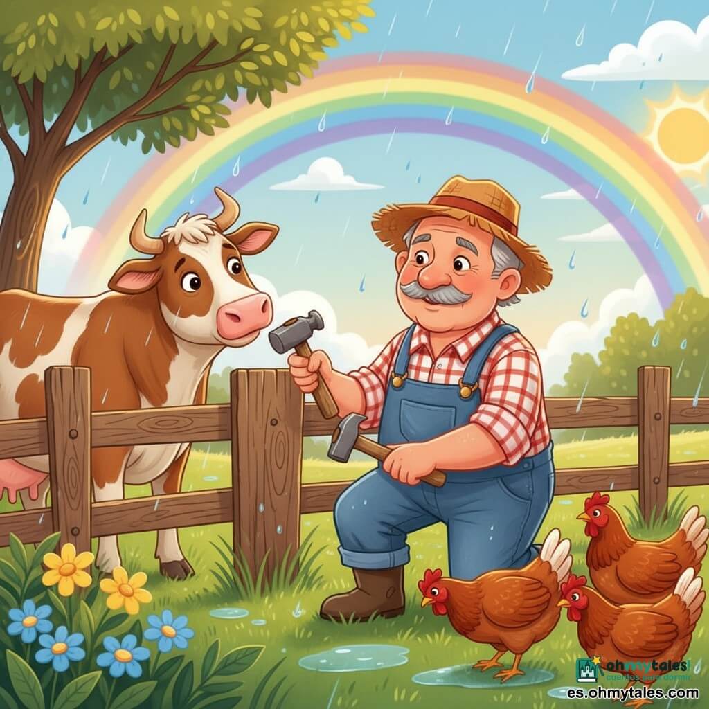 Un agricultor de unos 60 años, rostro redondo, bigote gris, piel bronceada, viste camisa de cuadros roja y blanca, peto vaquero y sombrero de paja gastado; sonríe sereno y orgulloso mientras, agachado, clava una tabla en una cerca de madera. A la izquierda, una vaca parda y blanca lo mira curiosa; a la derecha, tres gallinas rojizas picotean el suelo detrás de la cerca. Escena en una pequeña granja tras la lluvia: suelo brillante, hierba verde mojada, flores amarillas y azules, un árbol solitario y un cielo claro con un arcoíris; ambiente cálido y tranquilo, gotas en las hojas, colores vivos y formas simples en estilo vectorial para libro infantil.