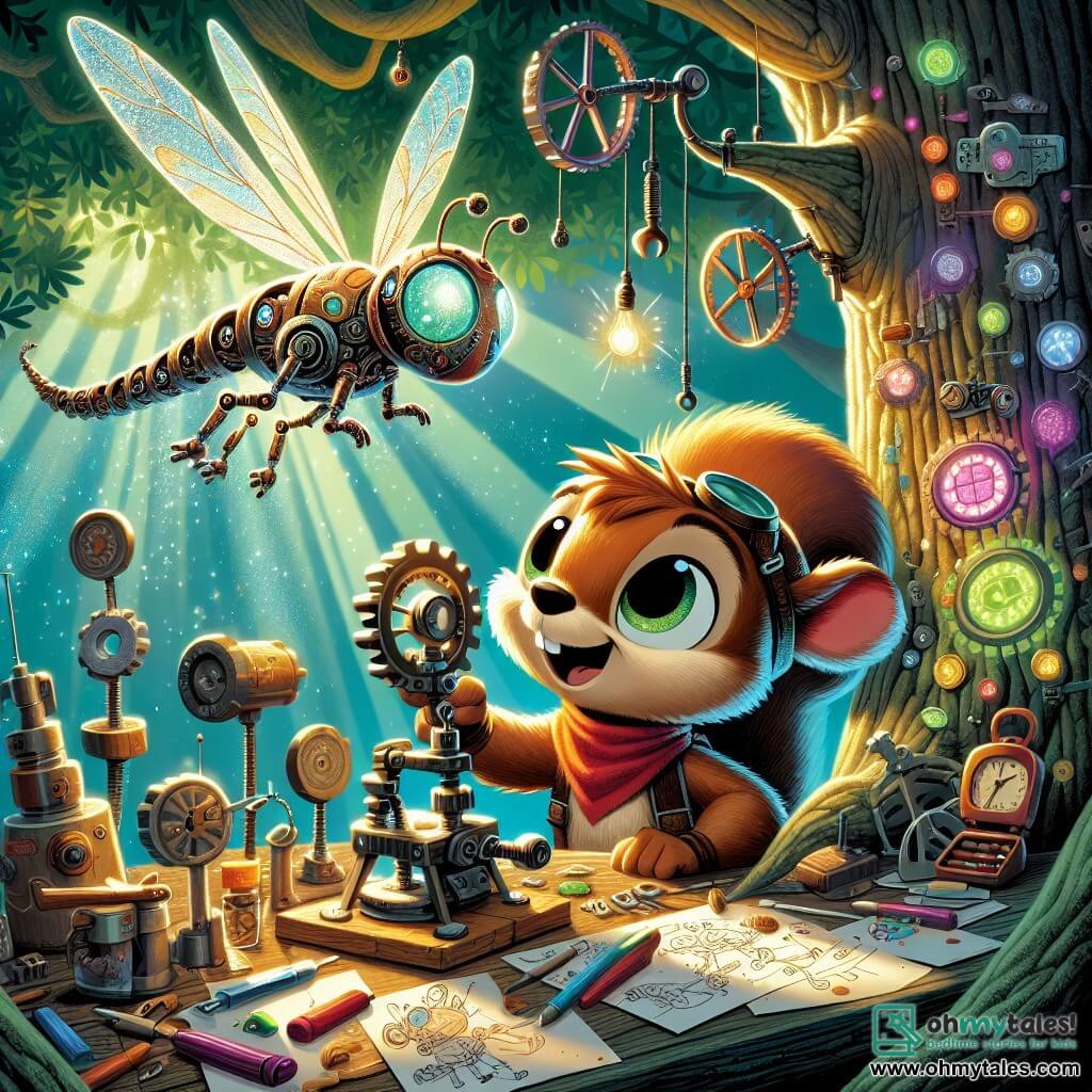 Tinker, a small squirrel with sparkling eyes and brown fur, is working in his workshop high up in a large oak tree. He looks focused and enthusiastic, with a bright smile, as he adjusts a part of his invention, the Nut-o-Matic 3000, surrounded by colorful tools and scattered sketches. Beside him, Glimmer, a beautiful mechanical dragonfly with shimmering wings and a shiny metal body, buzzes with excitement, attentively watching Tinker's every move, ready to assist in his creations. The workshop is warm and welcoming, with sunlight filtering through the leaves, illuminating the gadgets hanging from the branches and creating a magical, inspiring atmosphere. The main scene shows Tinker and Glimmer in the midst of creation, surrounded by the energy of invention, as they prepare to build an incredible machine that merges magic and technology, symbolizing the adventure that awaits them.