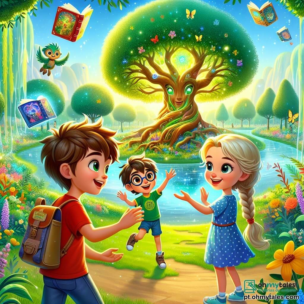 Três crianças estão no centro da imagem: Lucas, um garoto de 10 anos com cabelo castanho bagunçado e uma camiseta vermelha, observa maravilhado uma grande árvore com folhas verdes brilhantes e flores coloridas. À sua direita, Mia, uma menina de 9 anos com longos cabelos loiros trançados e um vestido azul de bolinhas, sorri enquanto escuta a árvore falar. À esquerda, Alex, um garoto de 10 anos com óculos redondos e uma camiseta verde, salta de alegria apontando para os livros flutuantes ao redor deles. O cenário é o Parque da Harmonia, um espaço verde cheio de árvores majestosas, flores vibrantes e um grande lago cintilante ao fundo. Carros voadores passam acima, adicionando um toque futurista à cena. A situação principal mostra as crianças fascinadas pela Árvore da Sabedoria, que lhes ensina a importância de cuidar da natureza, enquanto livros coloridos flutuam ao redor, criando uma atmosfera mágica e alegre.