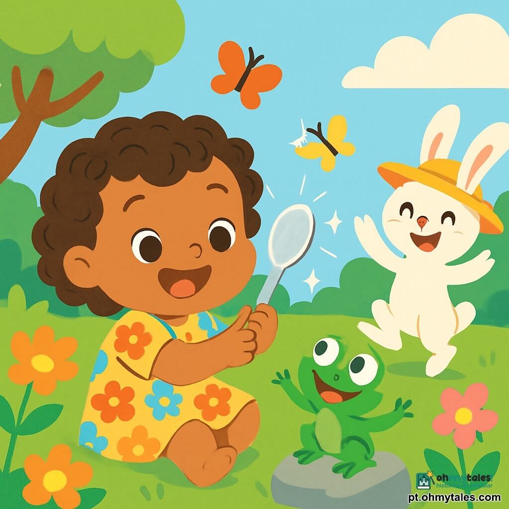 Uma menina de 2 anos, com cabelos cacheados e um grande sorriso alegre, segura uma colher prateada brilhante nas mãos. Ela usa um vestido florido e está sentada em um jardim ensolarado, cercada por flores vibrantes e borboletas. Ao lado dela, um pequeno sapo verde chamado Tico, com olhos redondos e curiosos, salta alegremente sobre uma pedra, olhando a colher com admiração. Um coelho travesso de pelagem branca, usando um chapéu engraçado, está um pouco mais longe, rindo e levantando as patas, pronto para brincar. O jardim é cheio de cores vivas, com árvores de folhas verdes e um céu azul com nuvens fofas. Nesta cena, a menina e seus amigos se divertem fazendo a colher mágica brilhar, provocando reflexos de luz e risadas no ar.