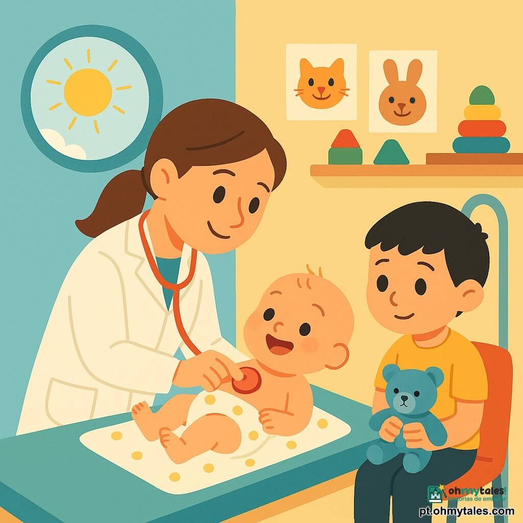Ana é médica, rosto redondo, pele clara, cabelo castanho preso em rabo de cavalo, sorriso doce e olhos brilhantes, gentil, segurando um estetoscópio vermelho contra o peito do bebê. O bebê é uma menina de 6 meses, bochechuda, cabelos finos, mexendo-se contente, deitada sobre uma mesa de exame com uma mantinha de poás, olhando para Ana. João é um menino de 6 anos, cabelo preto curto, um pouco tímido mas tranquilo, sentado numa cadeira ao lado segurando um ursinho azul. A sala de exame do hospital tem paredes em tons pastel (azul claro e amarelo), uma janela redonda com sol, uma prateleira com brinquedos coloridos e cartazes de animais sorridentes; o equipamento médico é simplificado e não assustador. A cena mostra Ana inclinada ternamente com o estetoscópio em contacto, o bebê rindo, João observando; a atmosfera é luminosa, acolhedora e segura.