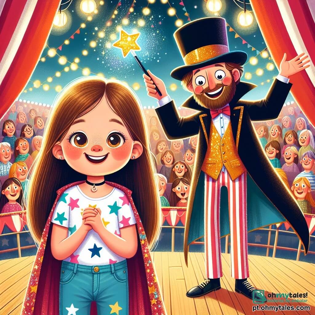 Uma menina de 12 anos, Alícia, com longos cabelos castanhos e olhos cheios de curiosidade, está no centro do palco, com um grande sorriso no rosto, cheia de emoção. Ela usa uma camiseta com estrelas e jeans, segurando uma varinha mágica cintilante que acabou de encontrar. Ao lado dela, o Mago Felix, um homem de cerca de trinta anos, com um chapéu alto preto e uma capa colorida, faz um gesto teatral com a mão, mostrando a Alícia que está pronto para começar o espetáculo. Seu rosto é alegre e ele tem uma barba bem aparada. O cenário é uma grande tenda de circo, com listras vermelhas e brancas, cheia de luzes cintilantes e balões coloridos. Espectadores maravilhados estão sentados em bancos de madeira, esperando ansiosamente pelo show. A cena principal mostra Alícia e o Mago Felix prontos para fazer um grande número de mágica juntos, cercados por uma atmosfera festiva e alegre, com confetes flutuando no ar e risadas de crianças ecoando ao redor.