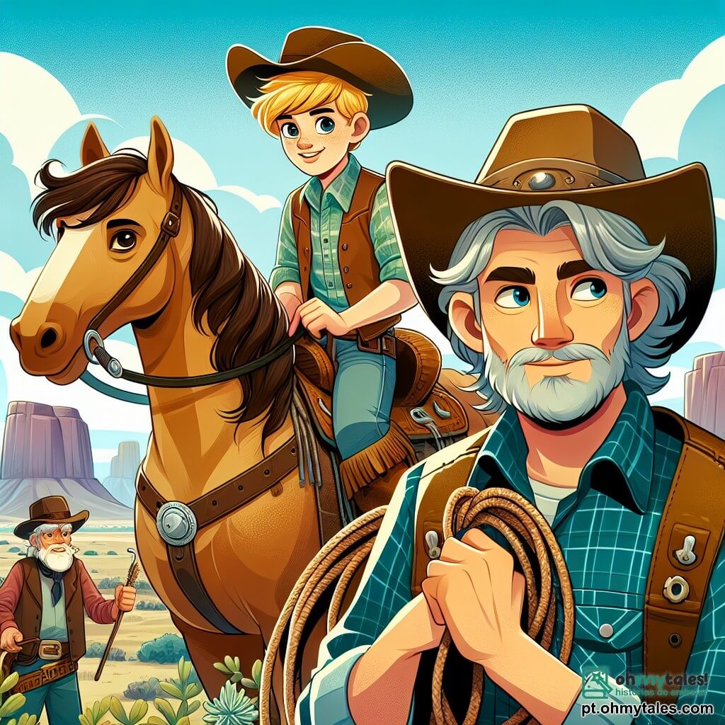 Um jovem cowboy chamado Jack, um homem de cerca de 20 anos, está orgulhosamente em seu cavalo Relâmpago. Ele tem cabelos dourados que brilham ao sol e usa um chapéu de cowboy gasto, um colete de couro e botas empoeiradas. Seu rosto expressa determinação e empolgação enquanto olha ao longe, pronto para a aventura. Ao seu lado, Lily, uma cowgirl de 18 anos, tem longos cabelos castanhos trançados e veste uma camisa xadrez e jeans. Ela sorri corajosamente, segurando uma corda nas mãos, pronta para ajudar Jack em sua busca. Mais adiante, Gus, um velho cowboy de cerca de 60 anos, com barba grisalha e um chapéu largo, observa a cena com um sorriso afetuoso, apoiado em sua bengala, pronto para dar conselhos. A cena ocorre na vasta planície do Velho Oeste, com colinas ondulantes no horizonte, cactos espalhados e um céu azul radiante com nuvens brancas. O sol brilha intensamente, criando sombras longas e reflexos dourados no chão empoeirado. A situação principal mostra Jack e Lily se preparando para partir em busca de bandidos, com expressões de determinação em seus rostos, enquanto Gus os incentiva de seu posto de observação. A atmosfera está carregada de empolgação e aventura, pronta para desvendar os mistérios do Velho Oeste.