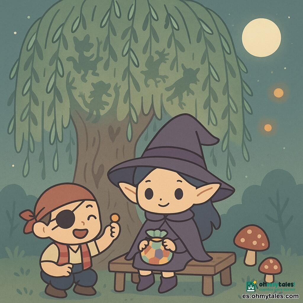 Zuri, un pequeño elfo de grandes orejas puntiagudas y ojos brillantes, sonríe sentado en un banco de madera con un sombrero de bruja algo grande, capa violeta, zapatos puntiagudos y un saco de caramelos; Tito, un duende pirata infantil con un parche en el ojo y chaleco a rayas, se agacha junto al banco mostrando una golosina y riendo travieso. En las ramas del gran sauce llorón detrás, sombras danzantes forman siluetas de animales y criaturas amigables; hojas caen en cintas verdes y plateadas. Claro nocturno iluminado por una luna pálida y pequeñas linternas flotantes naranjas; el suelo cubierto de musgo y algunos hongos rojos moteados. Escena: dos amigos descansan en un banco bajo un sauce mágico mientras las sombras cuentan una historia, ambiente suave, acogedor y ligeramente misterioso.