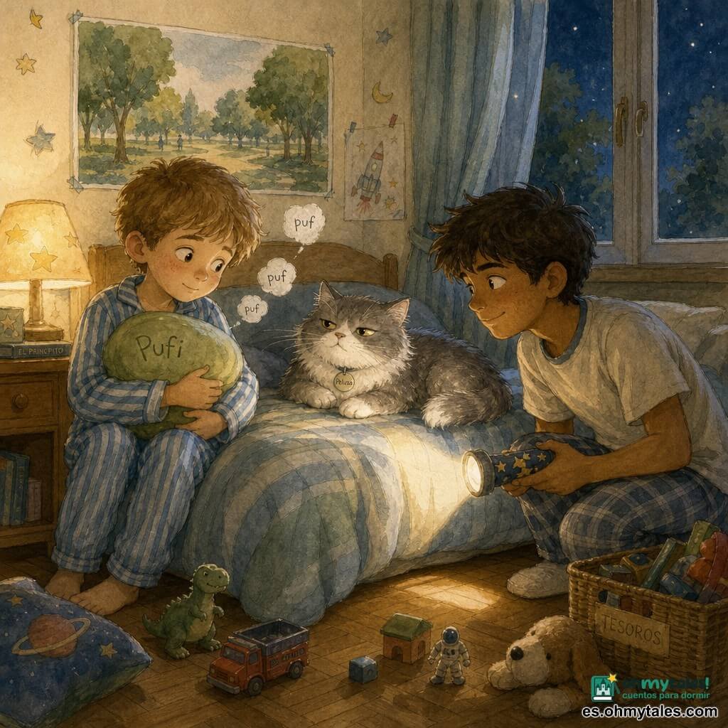 Hay tres personajes: Nico, niño de 9 años, cabello castaño corto, ojos grandes y curiosos, en pijama de rayas azules, sentado al borde izquierdo de la cama con un cojín verde de espuma llamado Pufi abrazado al pecho y mirada afectuosa; Bruno, niño de 10 años, cabello castaño algo revuelto, camiseta clara y pantalón de pijama, agachado a la derecha de la cama con una pequeña linterna con pegatinas de estrellas, sonriendo discretamente y mirando a Nico y Pufi; y Pelusa, gato gris y blanco con ojos amarillos entrecerrados, en el centro de la cama, ligeramente aplastado y con la cola enroscada, observando curioso. Ambientación: habitación infantil cálida con pared crema y póster de un parque, ventana que deja entrar una tenue luz azul nocturna, cama con colcha de rayas, mesita de madera con lámpara amarilla y suelo de parquet con juguetes esparcidos. Situación: escena nocturna tranquila y acogedora en tonos pastel verdes y azules, los chicos examinan el cojín como si fuera una criaturita con complicidad y humor tierno, luz suave de la lámpara y la linterna creando sombras leves y pequeñas burbujas de aliento "puf" sugeridas.