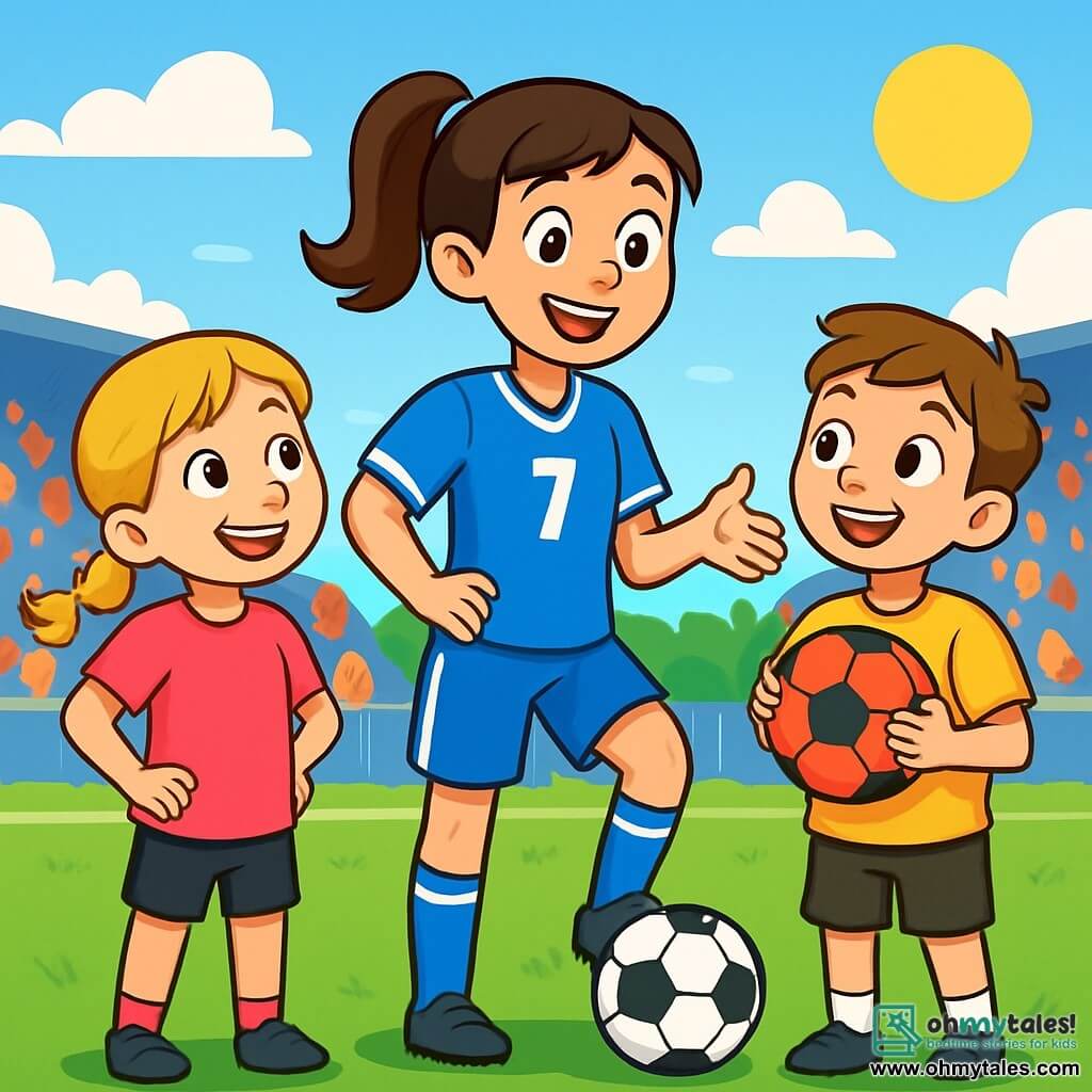 A young woman, Mia, is at the center of the image, smiling and full of energy, with her brown hair tied in a ponytail. She wears a bright blue football jersey with her number on the back and matching shorts. Her eyes shine with joy as she prepares to play football with children. To her right, a boy named Sam, about 10 years old, stands wide-eyed with excitement, holding a red and black football against his chest. He wears a yellow t-shirt and black shorts. To Mia's left, a girl named Zoe, 9 years old, smiles broadly, her braided blonde hair slightly swaying in the wind. She wears a pink jersey and black leggings, ready to join the game. The setting is a green football field surrounded by stands filled with enthusiastic spectators. The sky is blue with a few white clouds, and the sun shines, illuminating the joyful scene. Mia explains to the children how to play football with a big smile while they listen attentively, eager to start having fun together.