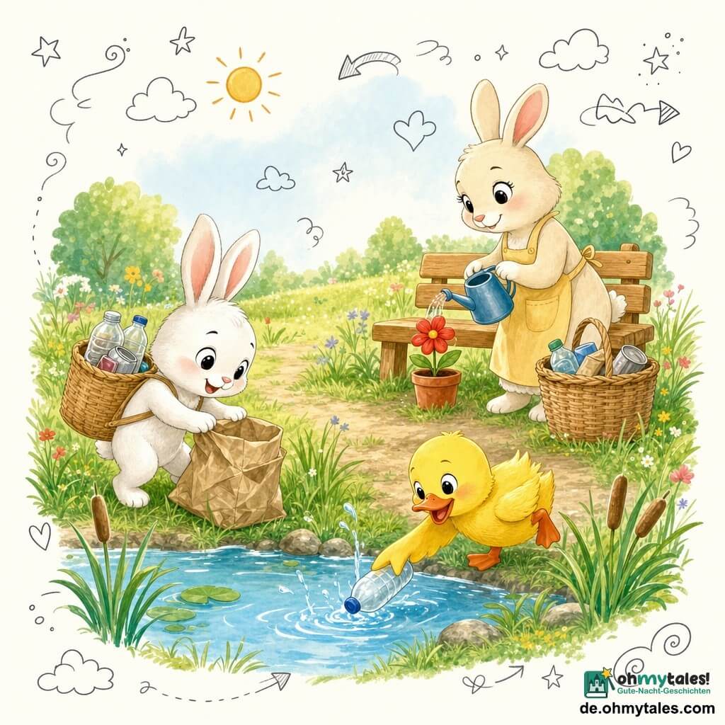Ein kleiner weißer Hase namens Hoppel mit weichem Fell, runden Augen und stolzem Lächeln schiebt mit der Vorderpfote eine alte Papiertüte und trägt ein gefülltes Weidenkörbchen voller recycelbarer Abfälle; eine gelbe Ente namens Lilli mit glänzendem Gefieder und orangefarbenem Schnabel planscht fröhlich am Ufer eines kleinen Teichs und hebt eine schwimmende Plastikflasche, die Mutterhäsin in cremefarbener Fellzeichnung steht lächelnd bei einer Holzbank und gießt eine rote Blume im Topf, alle sammeln gemeinsam sanft Abfälle und legen sie in ein Körbchen; sonnige Wiese mit dichtem grünem Gras, Holzbank, blauem Teich mit Schilf, Wiesenblumen, ein Erdweg und ein Weidenkorb, sichtbare Details: zerknitterte Papiere, eine blaue Flasche, ein Apfelrest, grüne Blätter sowie kleine Sterne und Recycling-Symbole als Doodles.