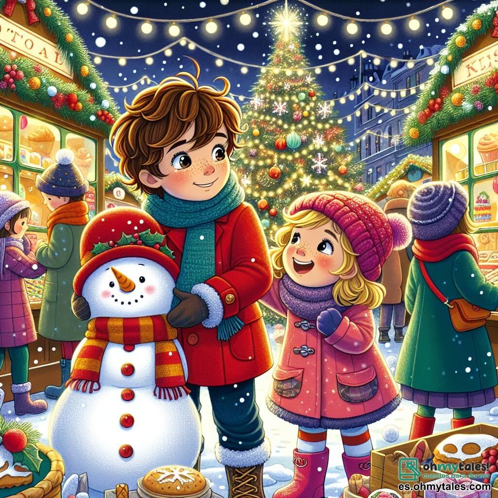 Un niño de 11 años, Lucas, con cabello castaño y rizado, se encuentra en el centro de la escena, con los ojos brillantes de emoción y curiosidad. Lleva un abrigo rojo brillante y una bufanda azul, sosteniendo un gran muñeco de nieve de peluche en sus brazos, mientras mira maravillado un inmenso árbol de Navidad decorado con guirnaldas brillantes y bolas de colores. A su lado, su hermana Clara, una niña de 7 años con cabello rubio y liso, lleva un abrigo rosa y un gorro a juego. Ella ríe alegremente mientras lanza una bola de nieve hacia Lucas, creando una atmósfera de juego y complicidad entre ellos. El decorado es un mercado navideño animado, lleno de puestos coloridos que venden pasteles, juguetes de madera y decoraciones festivas. Luces brillantes iluminan el cielo nocturno y copos de nieve caen suavemente, añadiendo un toque mágico al conjunto. La escena principal muestra a Lucas y Clara, rodeados de risas y alegría, mientras descubren juntos la magia de la Navidad, listos para vivir una aventura inolvidable en este mercado de ensueño.