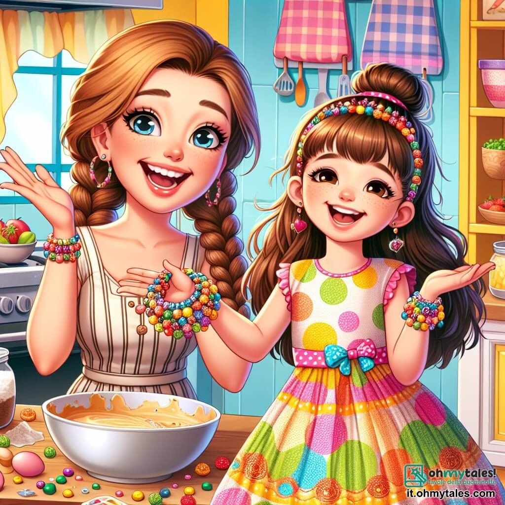 Una ragazza di 8 anni, con grandi trecce castane e un vestito a pois colorati, sorride gioiosamente mentre tiene un braccialetto fatto a mano pieno di perline brillanti. I suoi occhi brillano di eccitazione e orgoglio mentre si trova in una cucina luminosa, circondata da colori vivaci. Accanto a lei, sua madre, una donna di circa trent'anni con i capelli castani raccolti in uno chignon, prepara una deliziosa pasta per torta, ridendo affettuosamente. La cucina è spaziosa, con muri gialli soleggiati, un grande piano di lavoro in legno e utensili da cucina colorati appesi al muro. Sulla tavola, ingredienti come uova, farina e frutta fresca sono sparsi, aggiungendo un tocco di allegria all'insieme. La scena principale mostra la ragazza e sua madre mentre preparano una torta insieme, con risate e gesti vivaci, illustrando un momento di complicità e creatività, lontano dagli schermi.